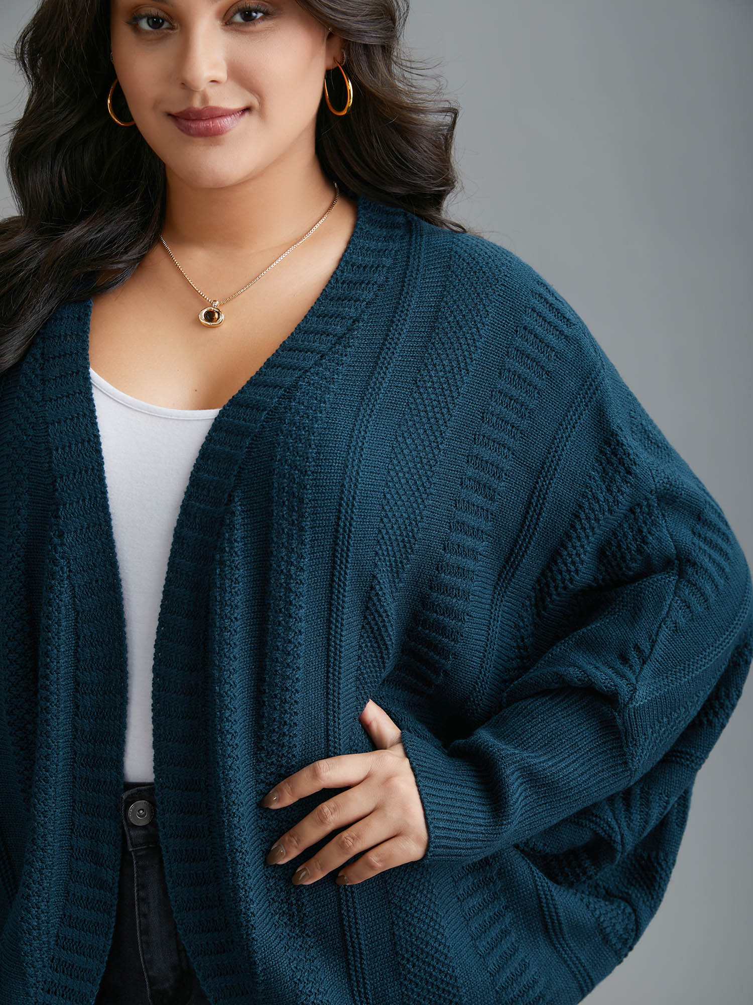 

Plus Size Curvy Ribbed Hem Cocoon Knit Cardigan Cyan Women Casual Loose Long Sleeve Everyday Cardigans BloomChic