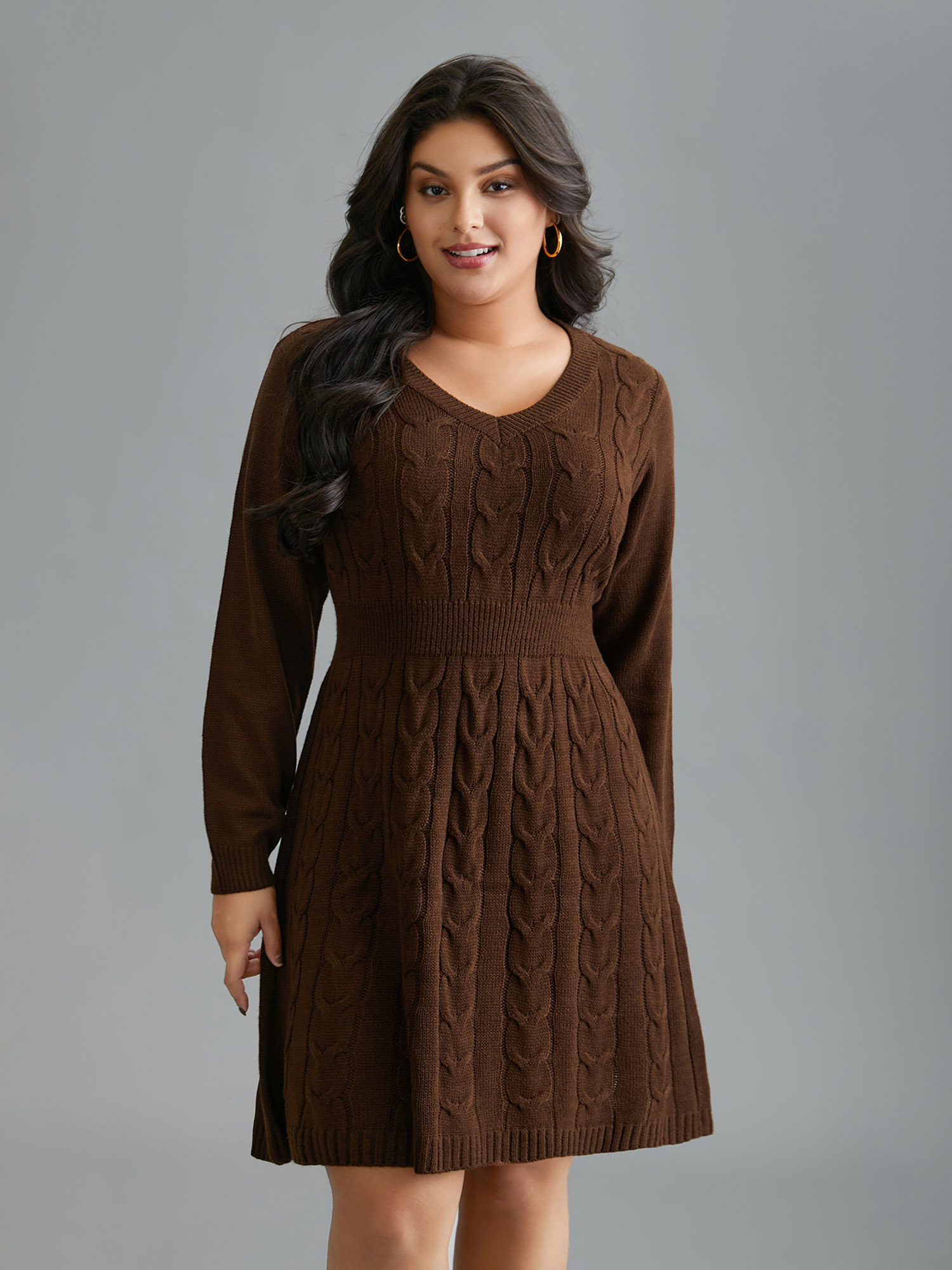 

Plus Size Textured Cable Knit V-Neck Midi Sweater Dress Browncoffeecolor Women Casual Bodycon Long Sleeve Everyday Sweater Dresses BloomChic