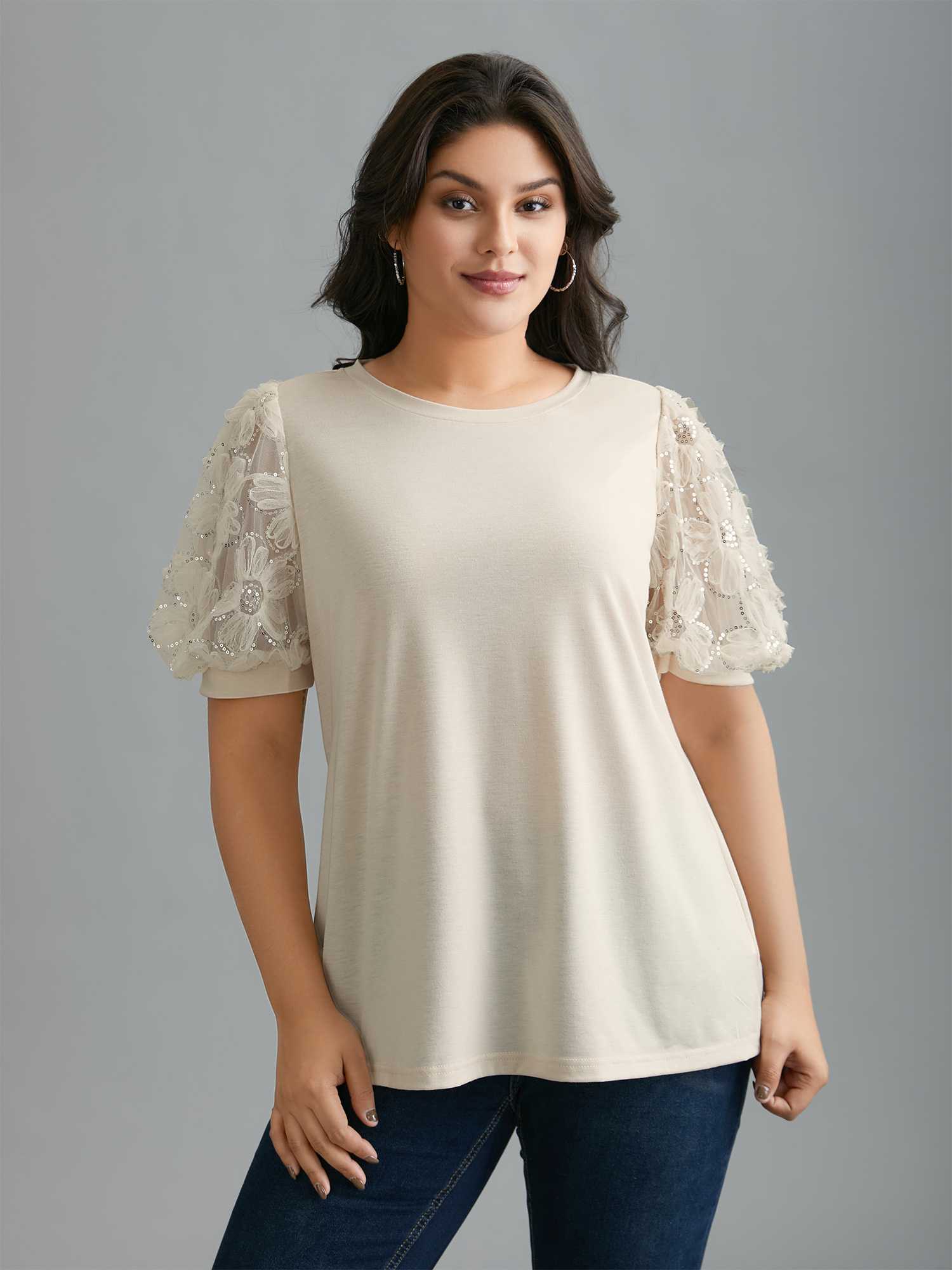 

Plus Size Floral Sequin Mesh Round Neck T-shirt Beige Women Elegant See through Round Neck Everyday T-shirts BloomChic