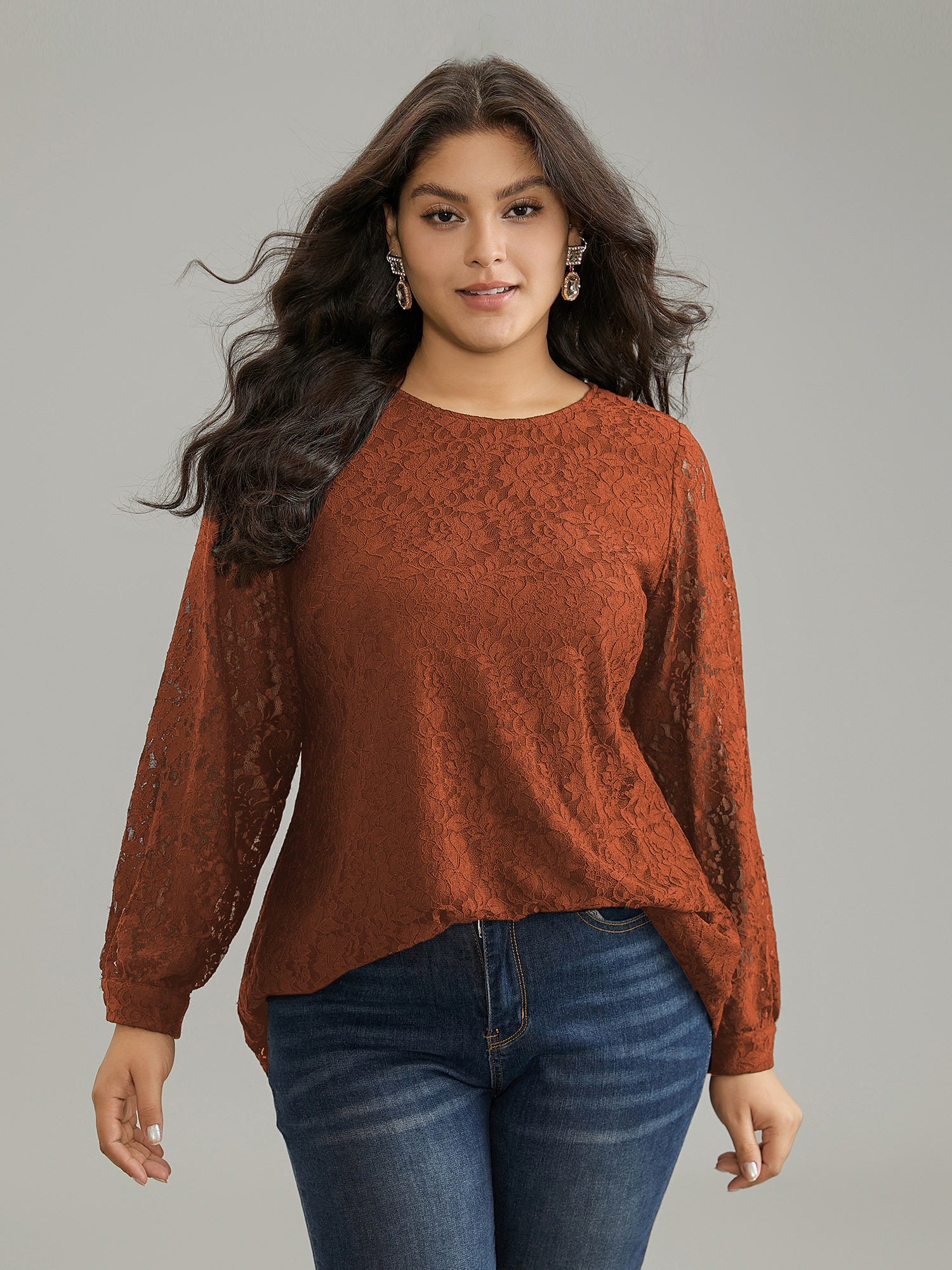 

Plus Size Rust Solid Crochet Lace Mesh Crew Neck Blouse Women Cocktail Long Sleeve Round Neck Party Blouses BloomChic