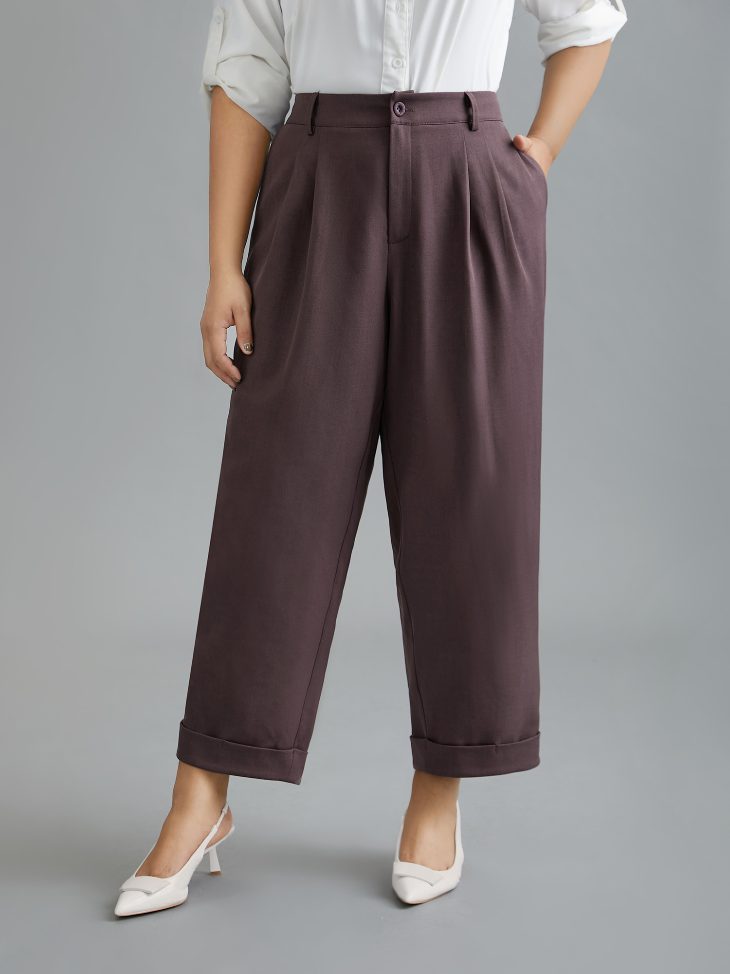 

Plus Size Cuffed Hem Pleated Straight Leg Pants Women Mauve At the Office Straight Leg Mid Rise Work Pants BloomChic