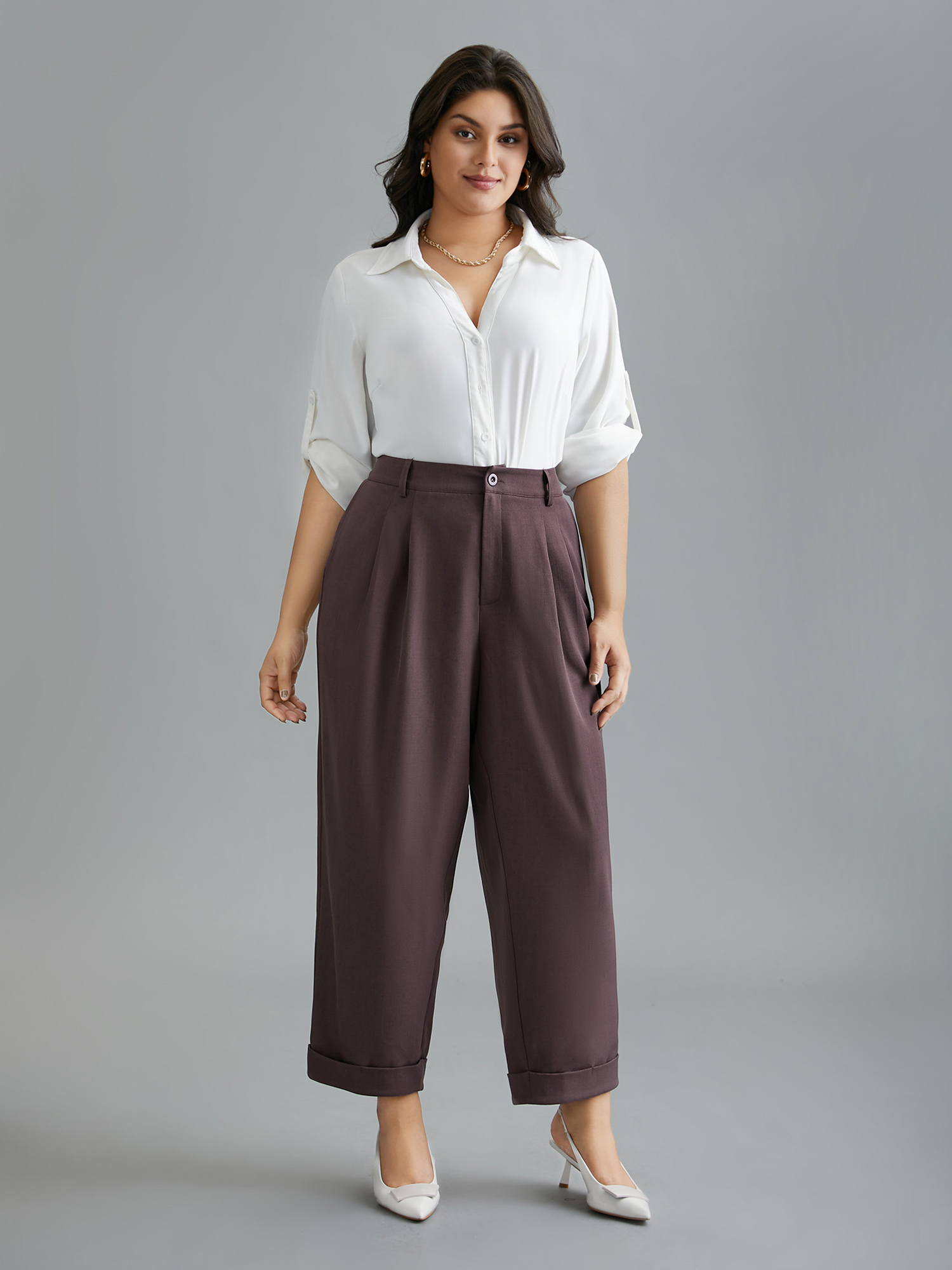 

Plus Size Cuffed Hem Pleated Straight Leg Pants Women Mauve At the Office Straight Leg Mid Rise Work Pants BloomChic