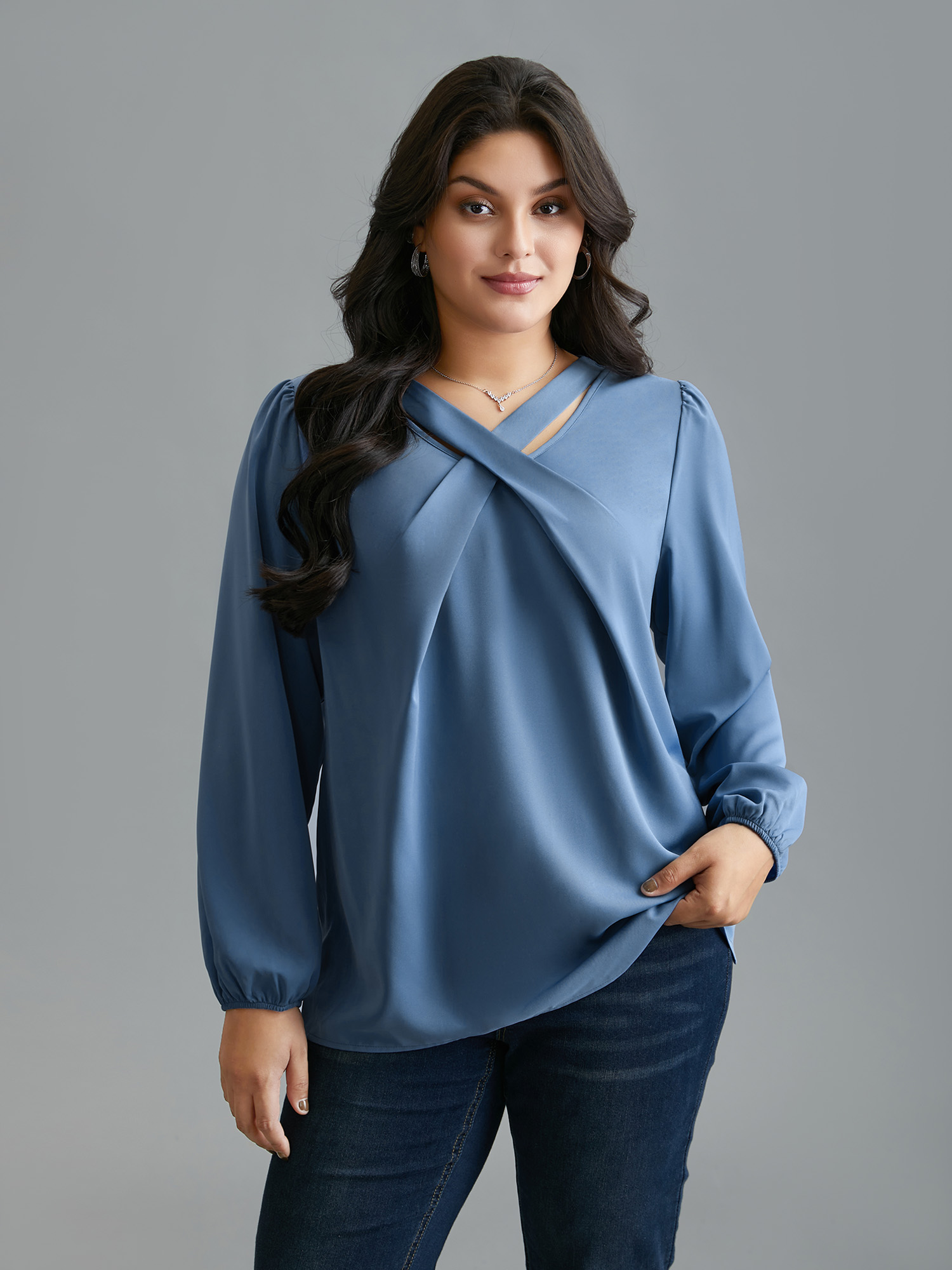 

Plus Size Stone Criss Cross Neckline Puff Sleeve Gathered Blouse Women Elegant Long Sleeve Asymmetrical Neck Everyday Blouses BloomChic