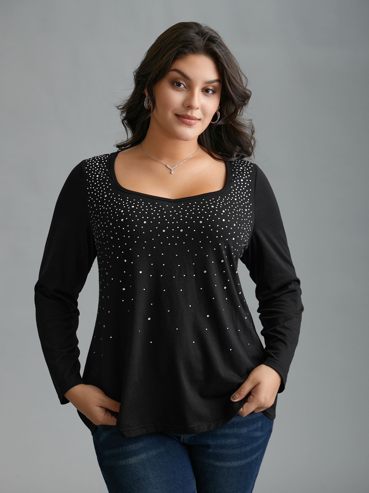 

Plus Size Sequin Stretchy Long Sleeve T-shirt Black Women Elegant Rhinestone detailing Heart neckline Everyday T-shirts BloomChic