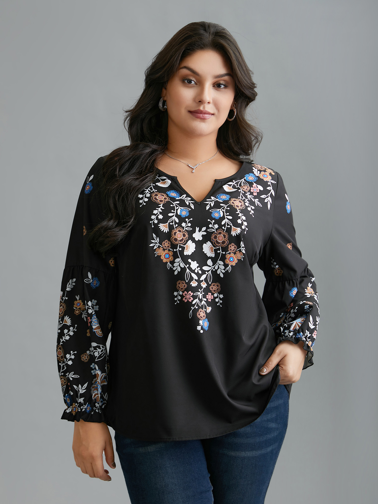 

Plus Size Black Floral Puffy Sleeve V-Neck Blouse Women Elegant Long Sleeve Notched collar Everyday Blouses BloomChic