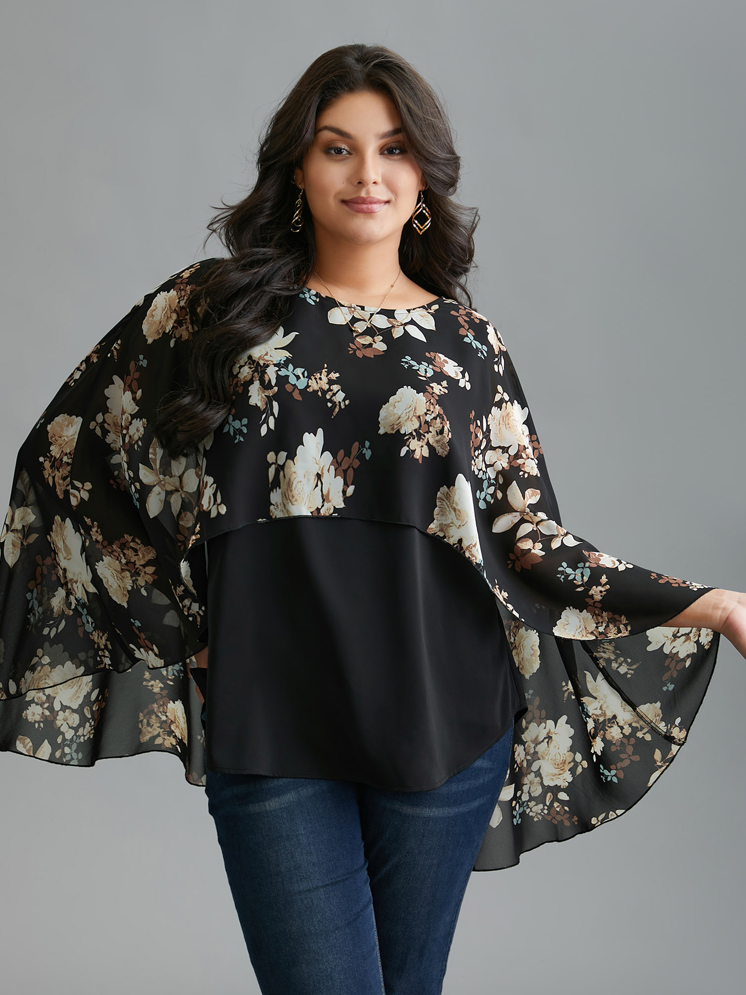 

Plus Size Black Floral Chiffon High Low Hem Ruffles Blouse Women Elegant Three Quater Length Sleeve Round Neck Everyday Blouses BloomChic