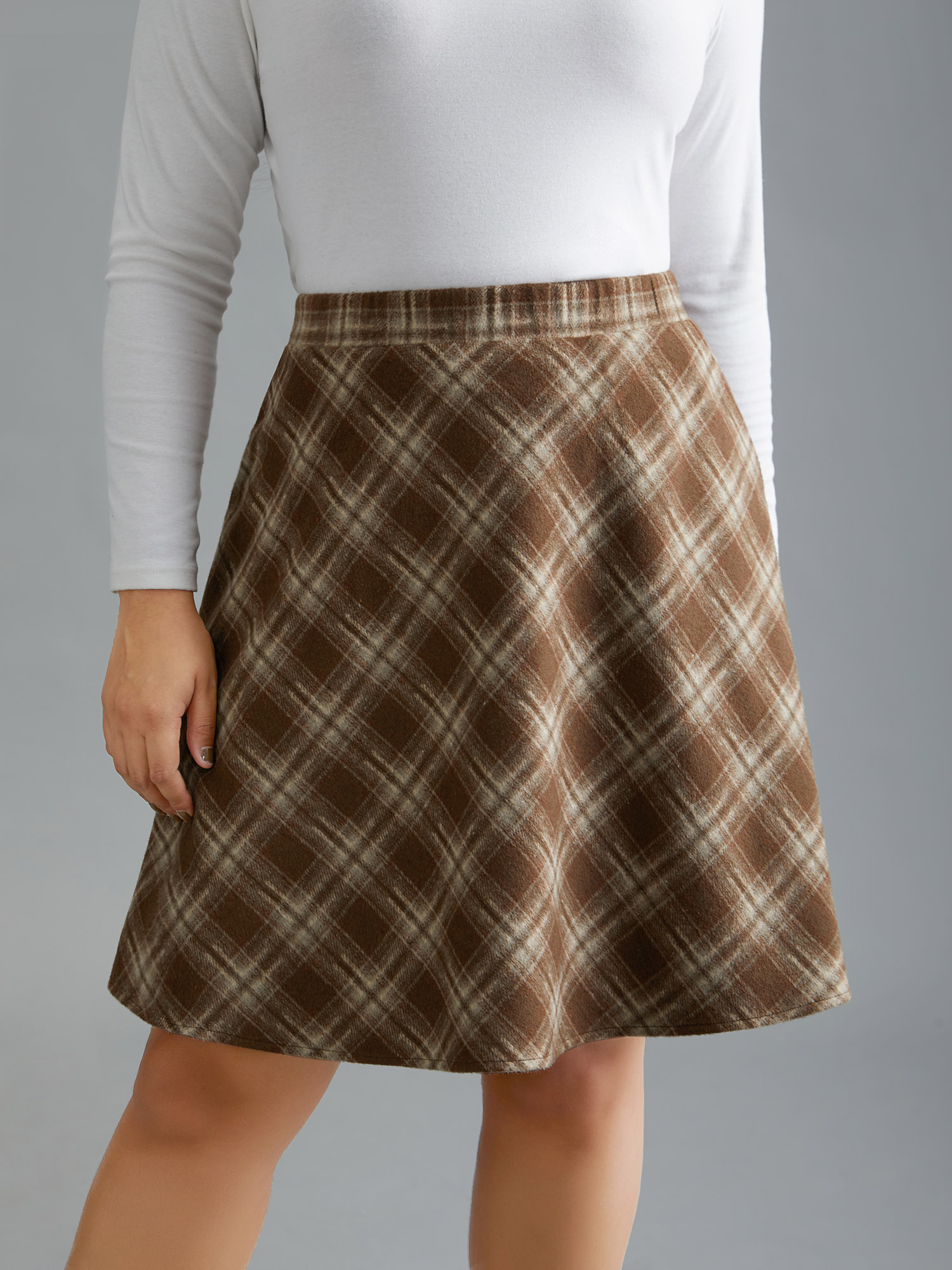 

Plus Size Plaid Pattern Elastic Waist A-line Mini Skirt Women LightBrown Elegant Low stretch Slanted pocket Everyday Skirts BloomChic