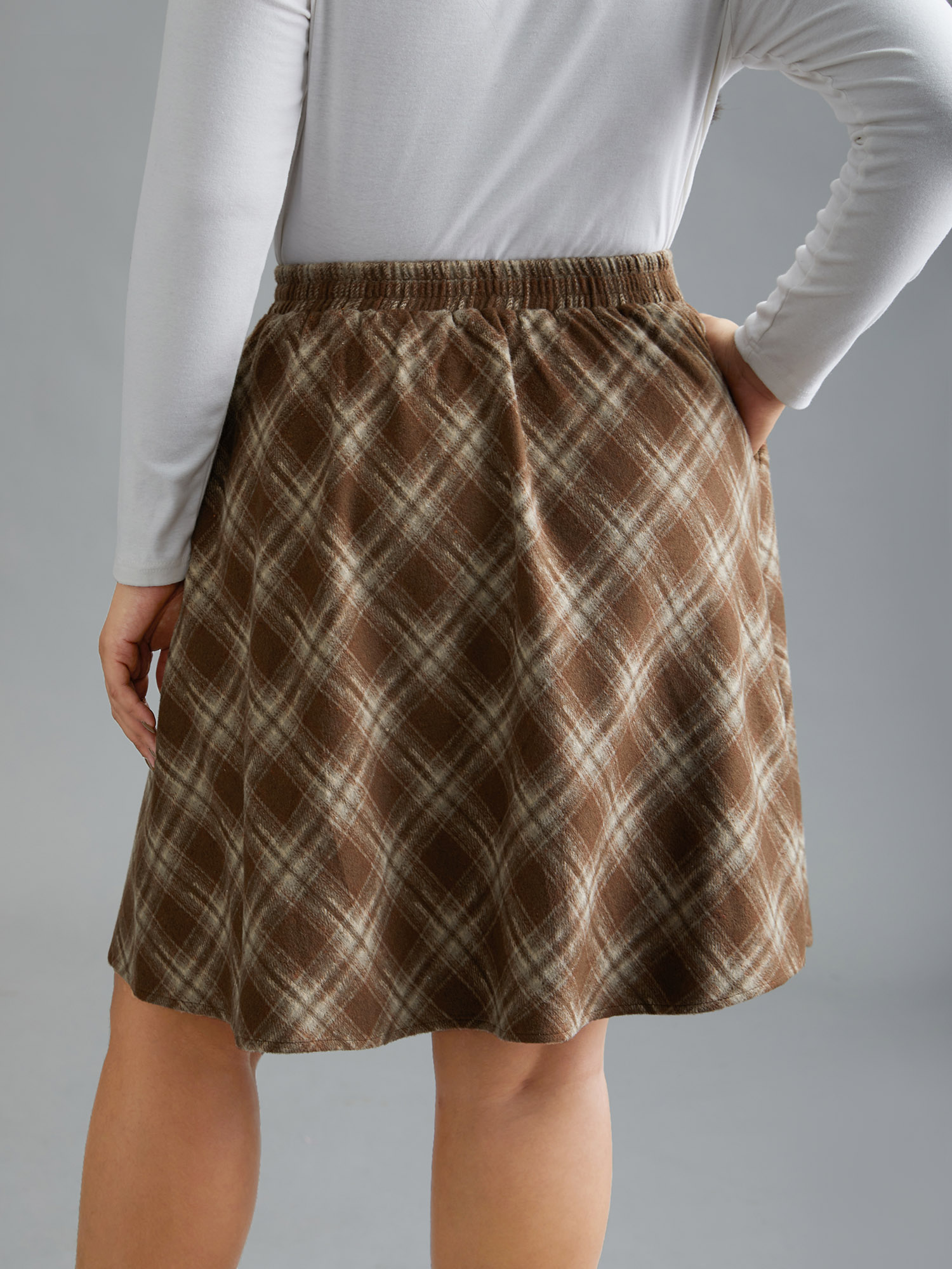 

Plus Size Plaid Pattern Elastic Waist A-line Mini Skirt Women LightBrown Elegant Low stretch Slanted pocket Everyday Skirts BloomChic