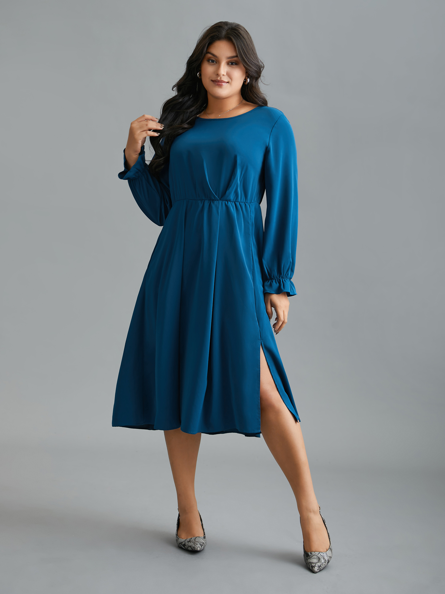 

Plus Size Ruffle Cuff Elastic Waist Split Hem Dress Aegean Women At the Office Pleated Round Neck Long Sleeve Curvy BloomChic