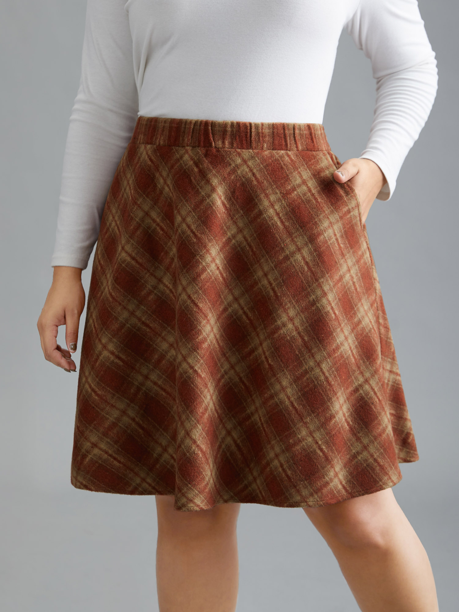 

Plus Size Plaid Pattern Elastic Waist A-line Mini Skirt Women OrangeRed Elegant Low stretch Slanted pocket Everyday Skirts BloomChic