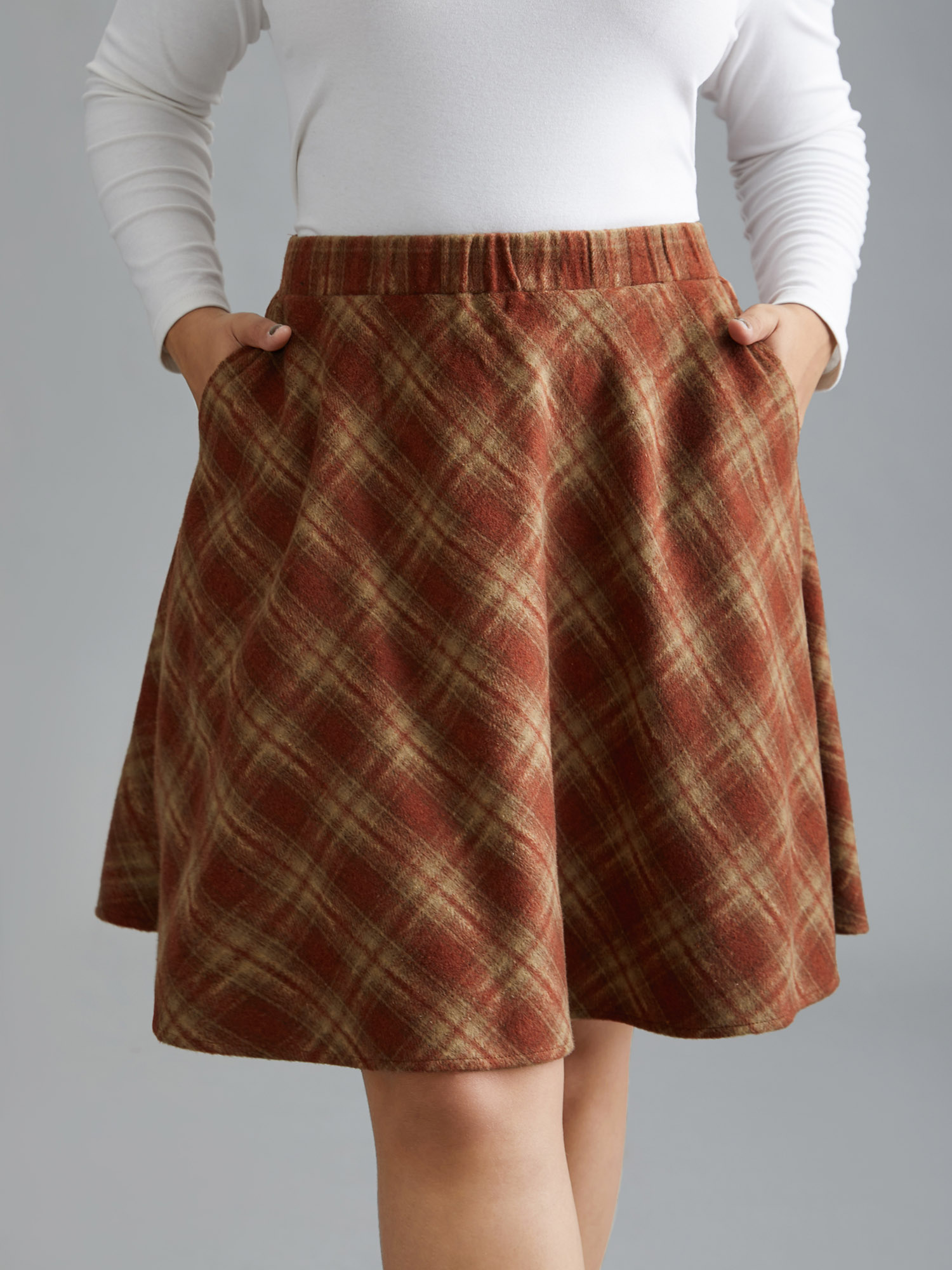 

Plus Size Plaid Pattern Elastic Waist A-line Mini Skirt Women OrangeRed Elegant Low stretch Slanted pocket Everyday Skirts BloomChic