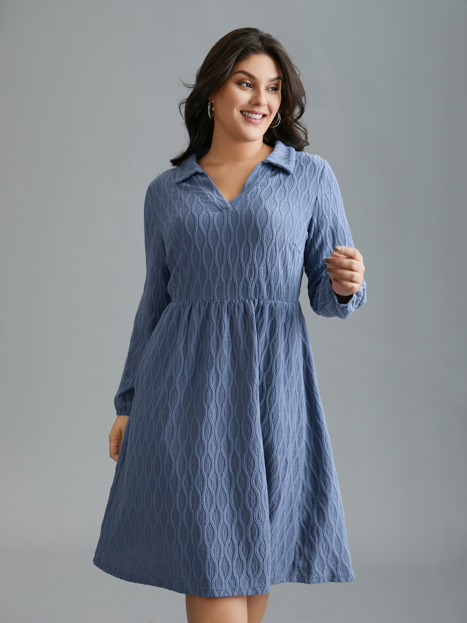 

Plus Size Textured Pocketed Collared Midi Dress Stone Women Casual Texture Knit Dresses Bloomchic