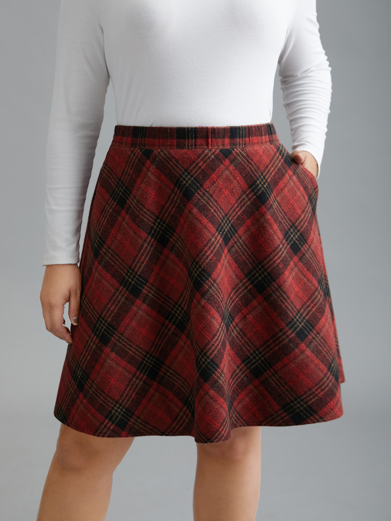 

Plus Size Plaid Pattern Elastic Waist A-line Mini Skirt Women Scarlet Elegant Low stretch Slanted pocket Everyday Skirts BloomChic