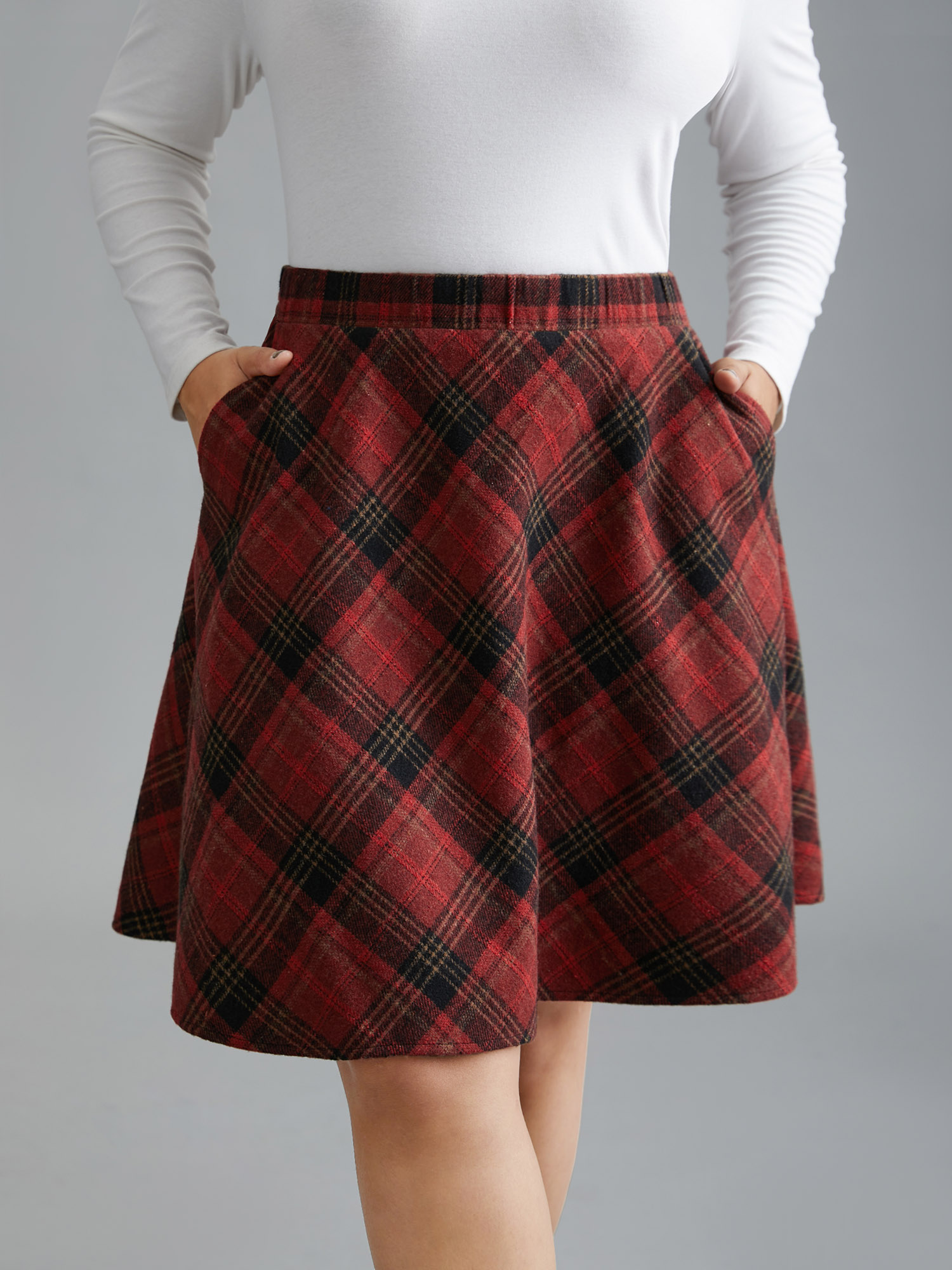 

Plus Size Plaid Pattern Elastic Waist A-line Mini Skirt Women Scarlet Elegant Low stretch Slanted pocket Everyday Skirts BloomChic