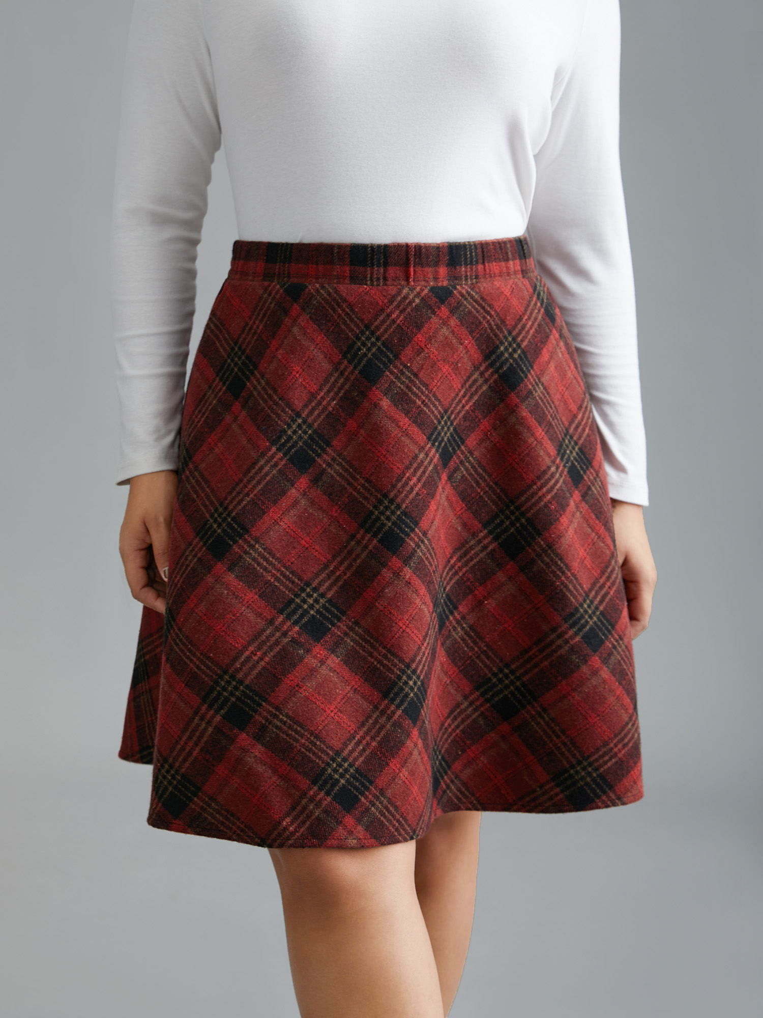 Plus Size Plaid Pattern Elastic Waist A-line Mini Skirt Women Scarlet Elegant Low stretch Slanted pocket Everyday Skirts BloomChic 14-16/1X 