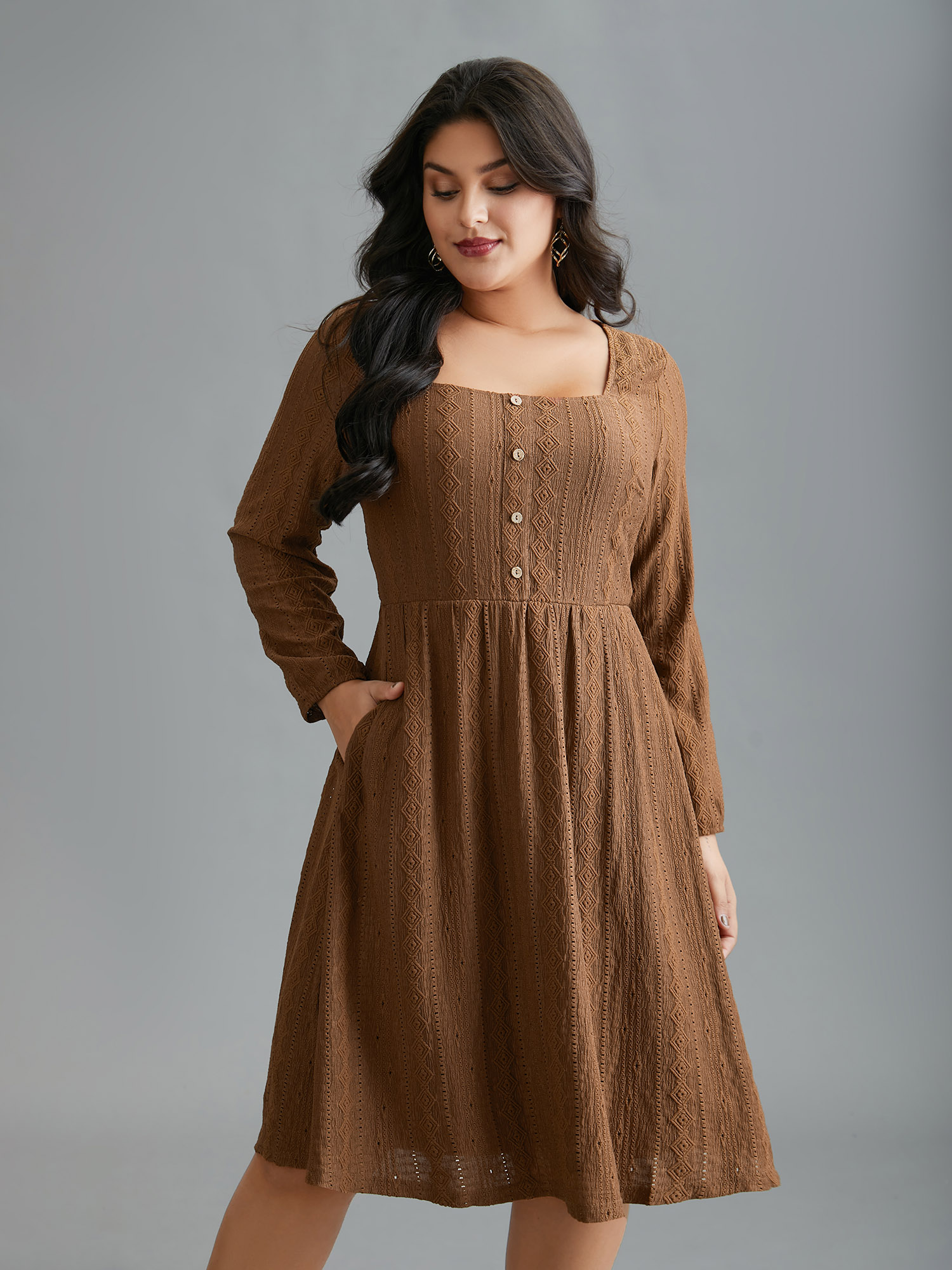 

Plus Size Textured Button Detail Square Neck Knit Dress Browncoffeecolor Women Elegant Texture Knit Dresses Bloomchic