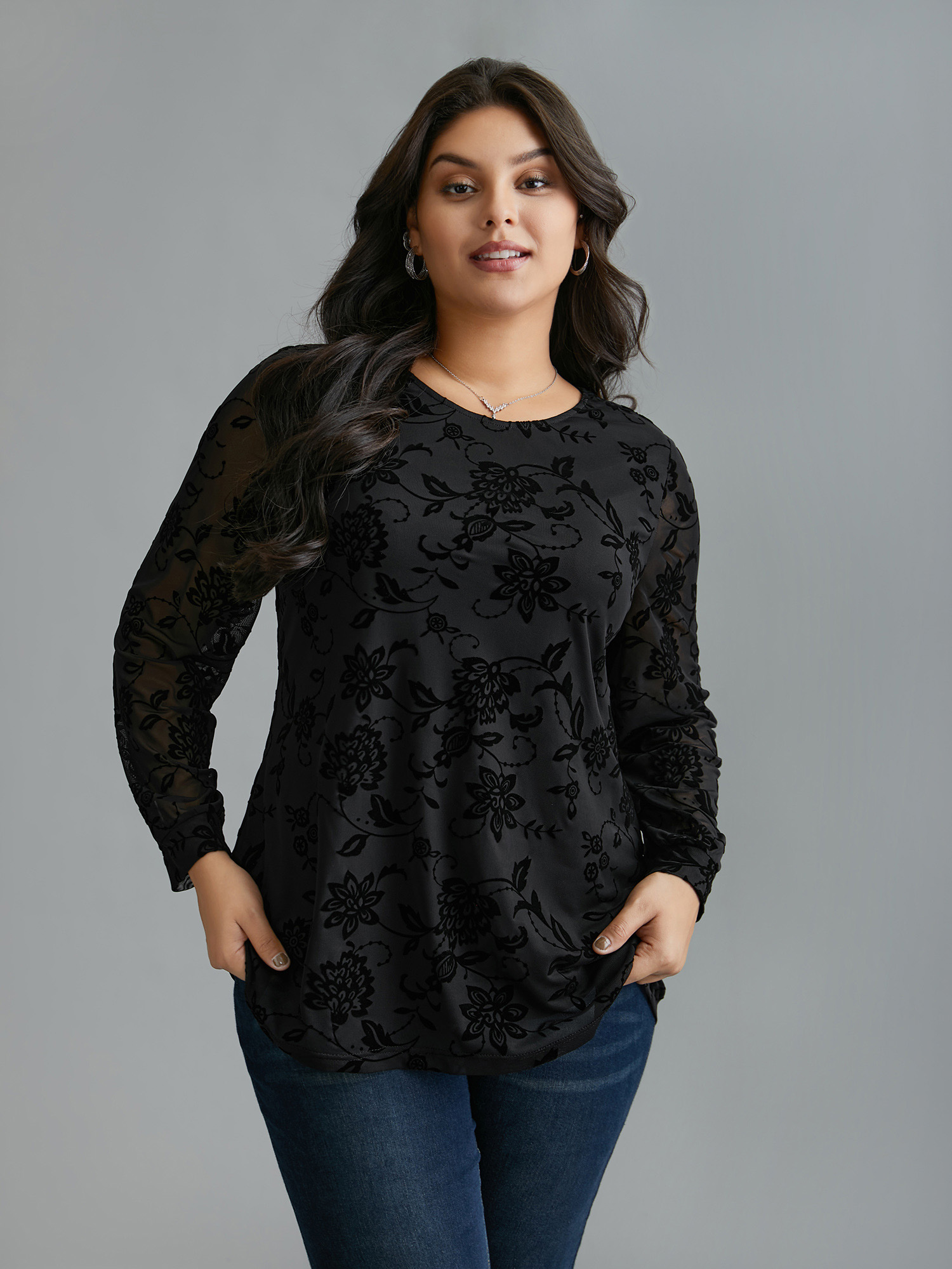 

Plus Size Floral Flocking Sheer Sleeve Lined Knit Top Black Long Sleeve Round Neck Elegant Knit Tops  Bloomchic