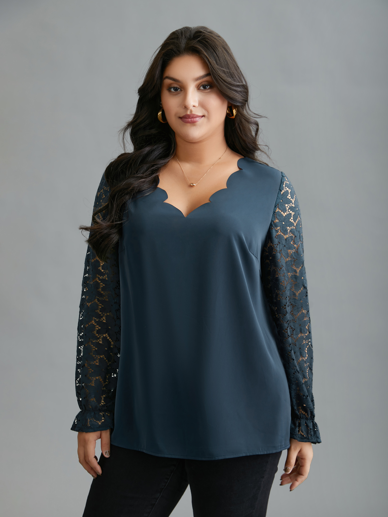 

Plus Size Indigo Sheer Floral Sleeve Scalloped Neck Shirt Women Elegant Long Sleeve V-neck Everyday Blouses BloomChic