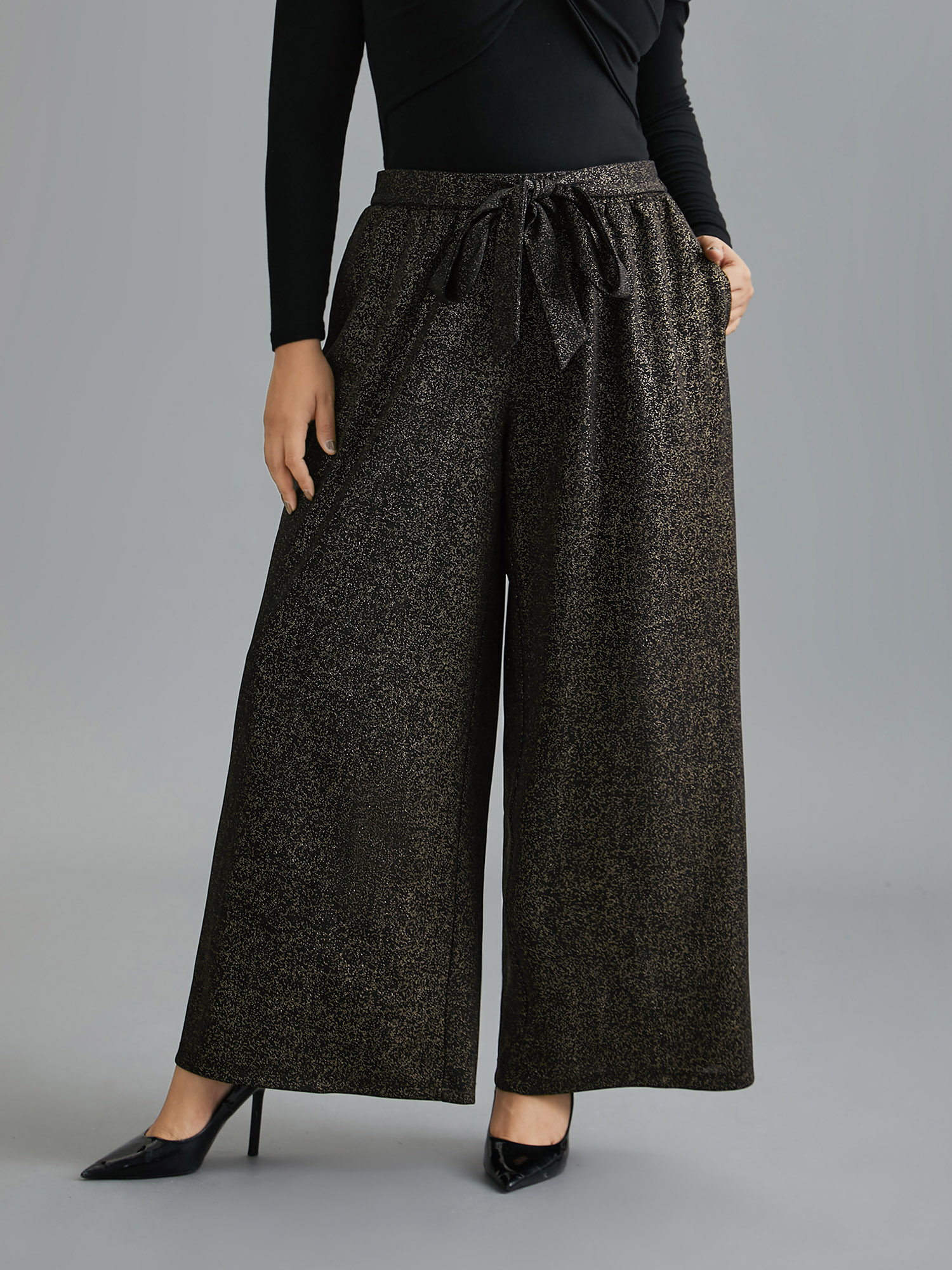 Plus Size Glitter Adjustable Front-Tie Pants Women Champagne Elegant Loose Mid Rise Everyday Pants BloomChic 10/M 
