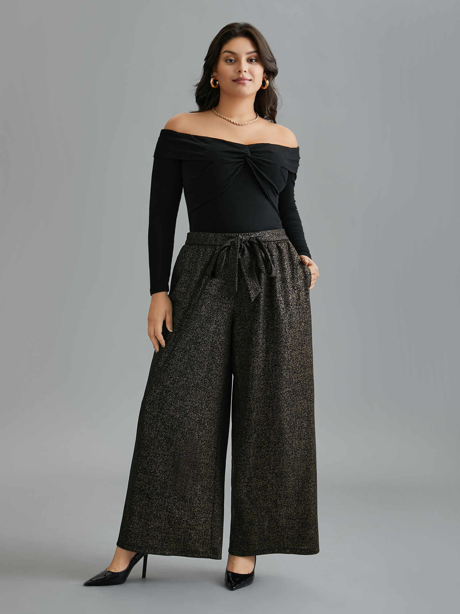 Plus Size Glitter Adjustable Front-Tie Pants Women Champagne Elegant Loose Mid Rise Everyday Pants BloomChic 10/M 