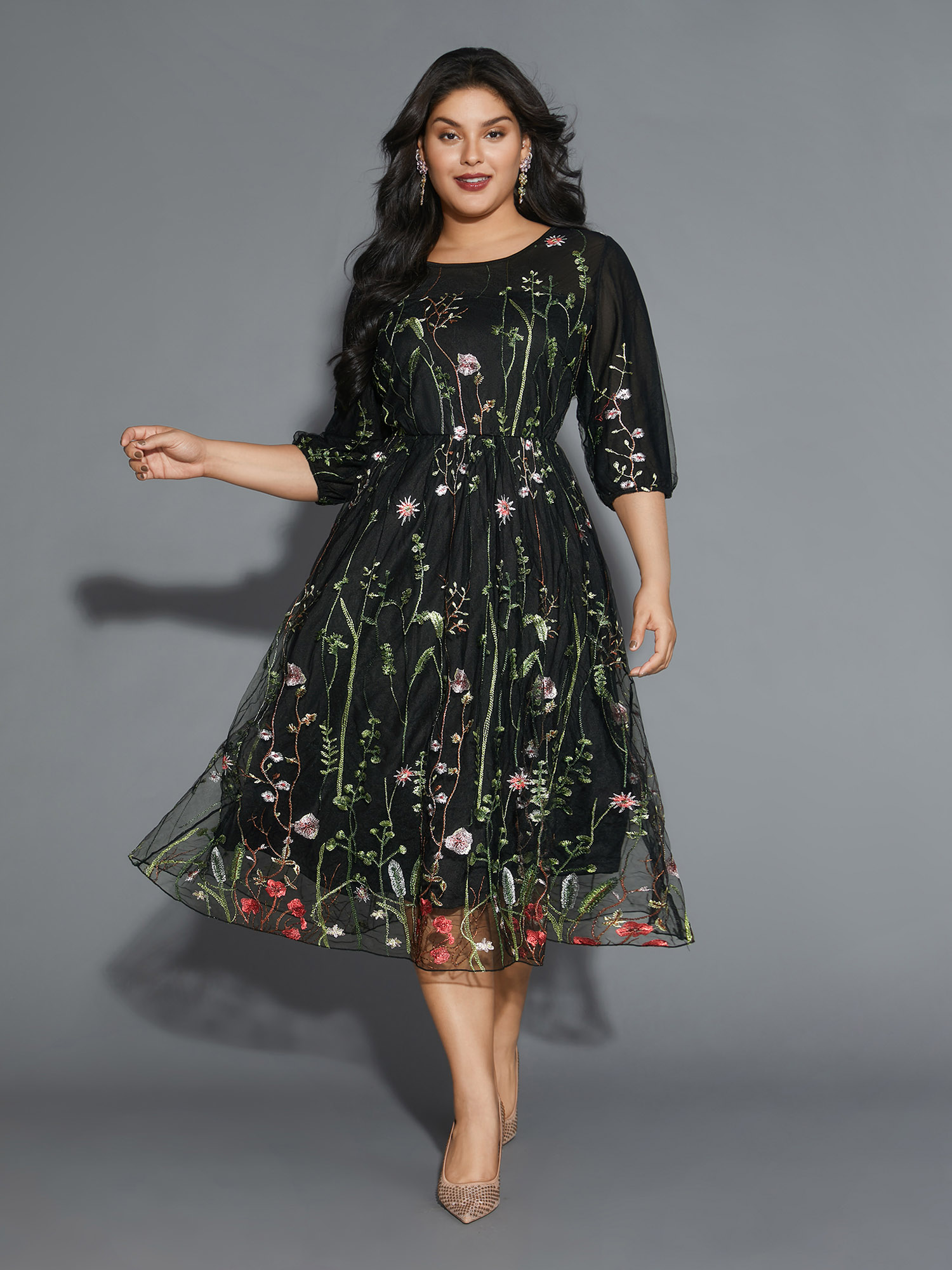 

Plus Size Floral Embroidered Elastic Waist Lined Midi Dress Black Women Cocktail Texture Party Curvy Bloomchic