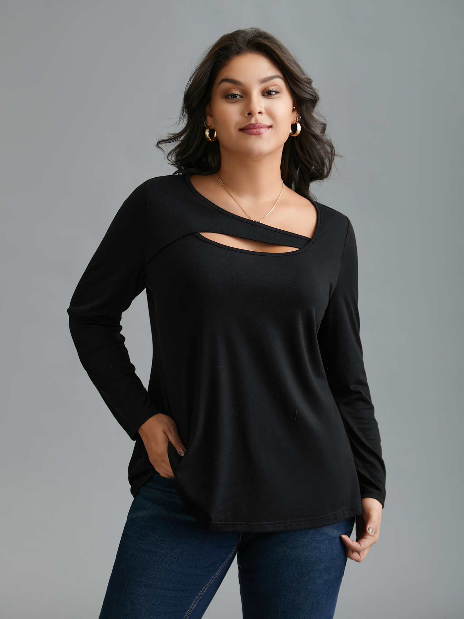 

Plus Size Asymmetrical Neckline Long Sleeve T-shirt Black Women Casual Cut-Out Asymmetrical Neck Everyday T-shirts BloomChic