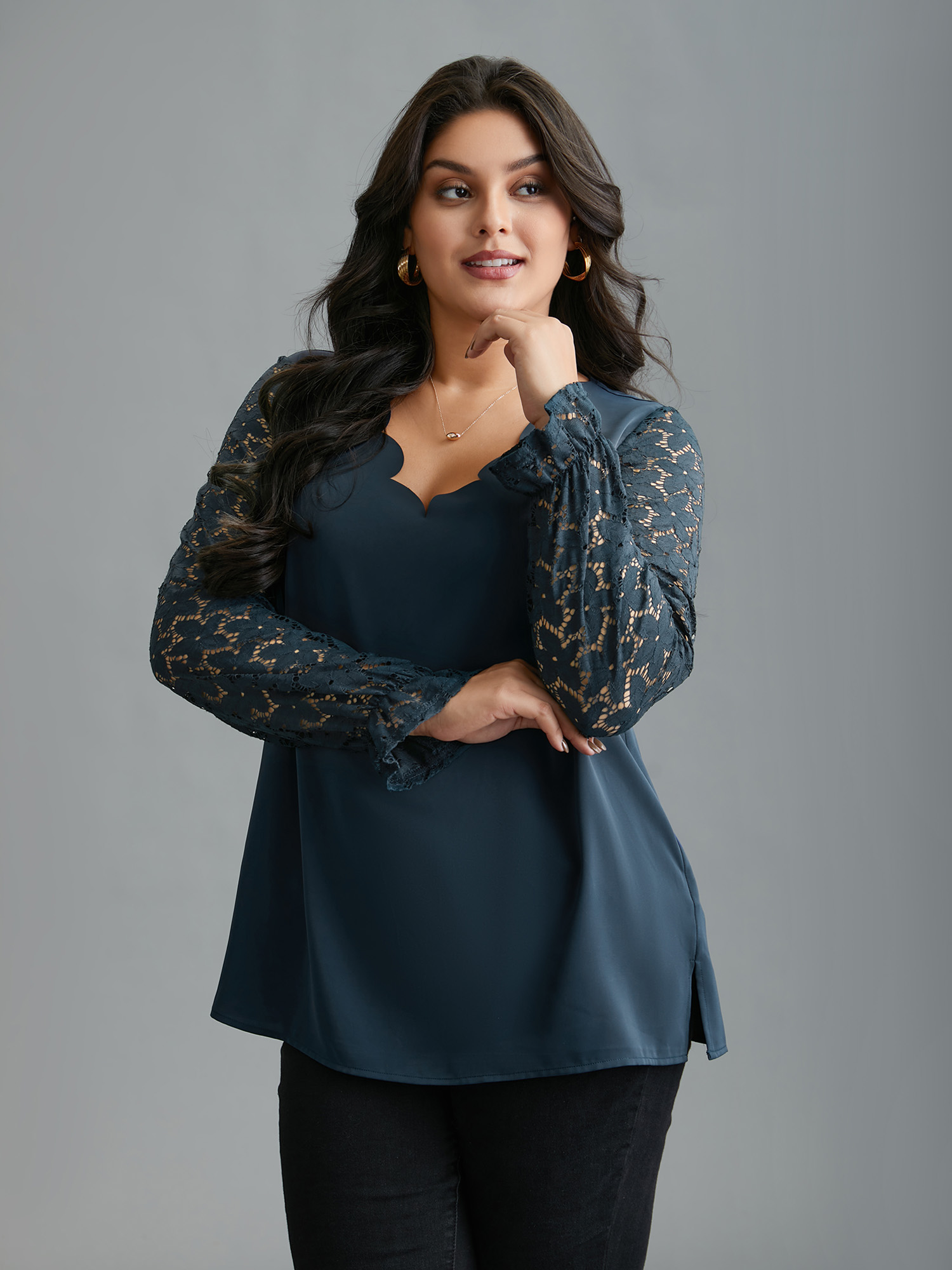 

Plus Size Indigo Sheer Floral Sleeve Scalloped Neck Shirt Women Elegant Long Sleeve V-neck Everyday Blouses BloomChic