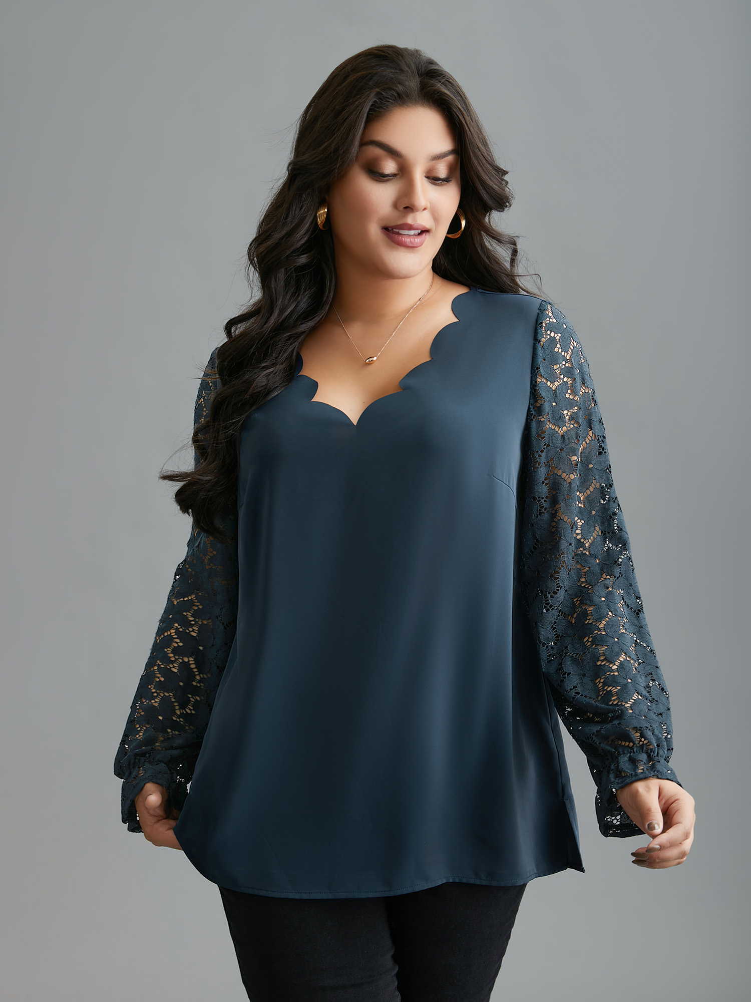 Plus Size Indigo Sheer Floral Sleeve Scalloped Neck Shirt Women Elegant Long Sleeve V-neck Everyday Blouses BloomChic 28/5X 