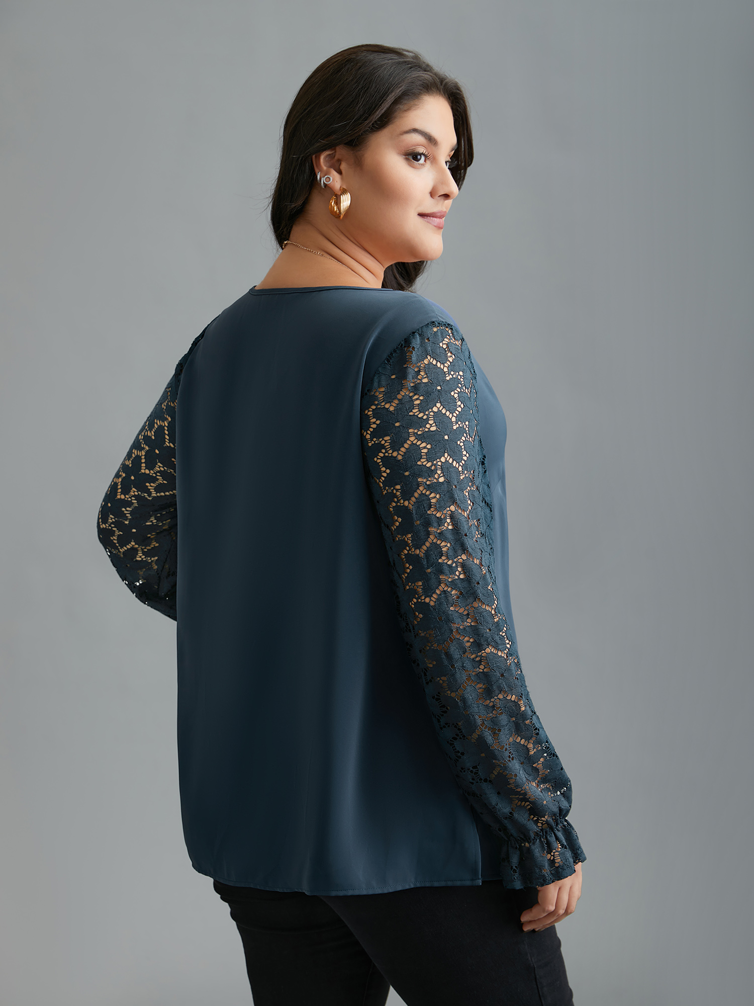 Plus Size Indigo Sheer Floral Sleeve Scalloped Neck Shirt Women Elegant Long Sleeve V-neck Everyday Blouses BloomChic 28/5X 