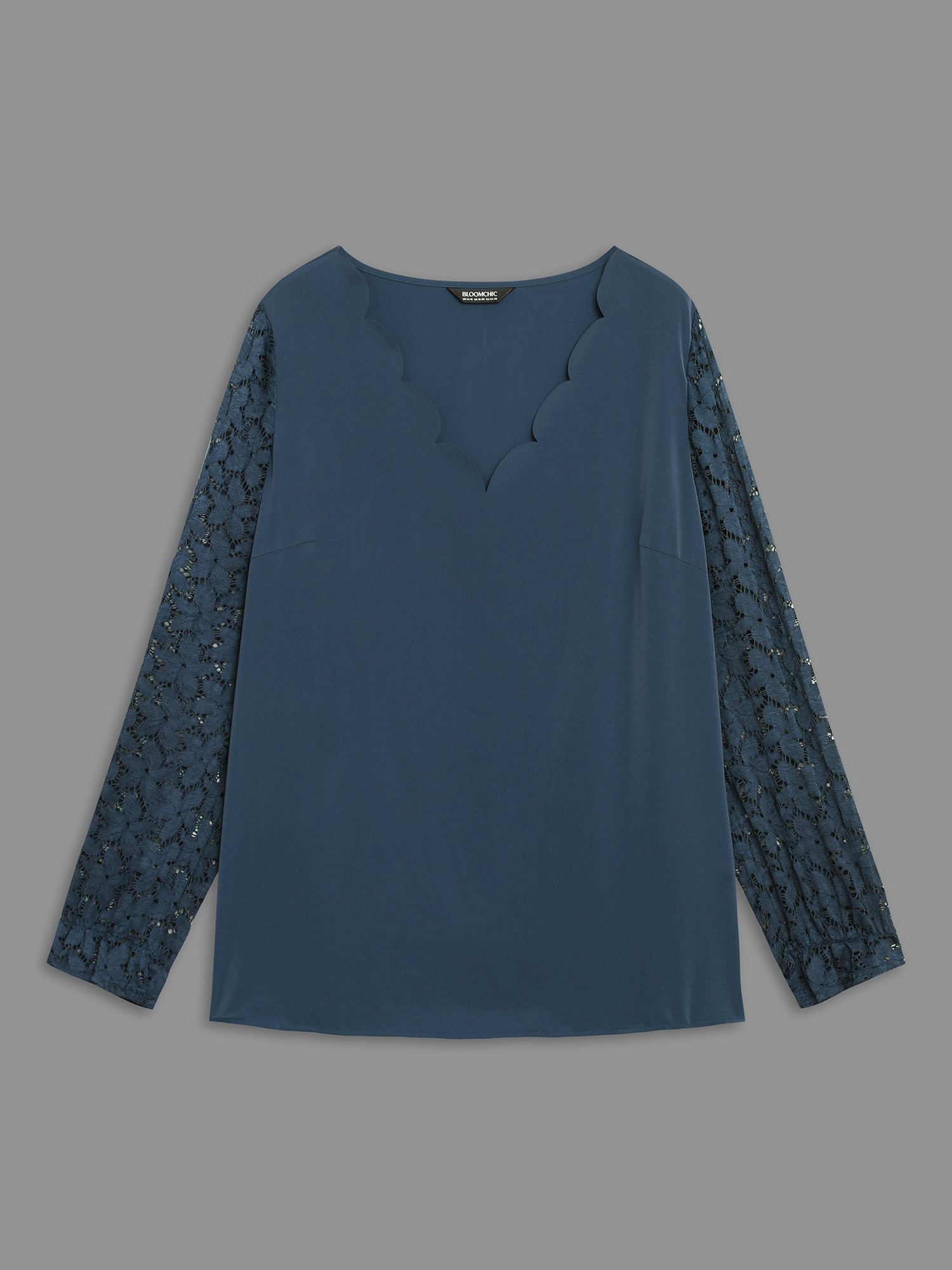 Plus Size Indigo Sheer Floral Sleeve Scalloped Neck Shirt Women Elegant Long Sleeve V-neck Everyday Blouses BloomChic 28/5X 