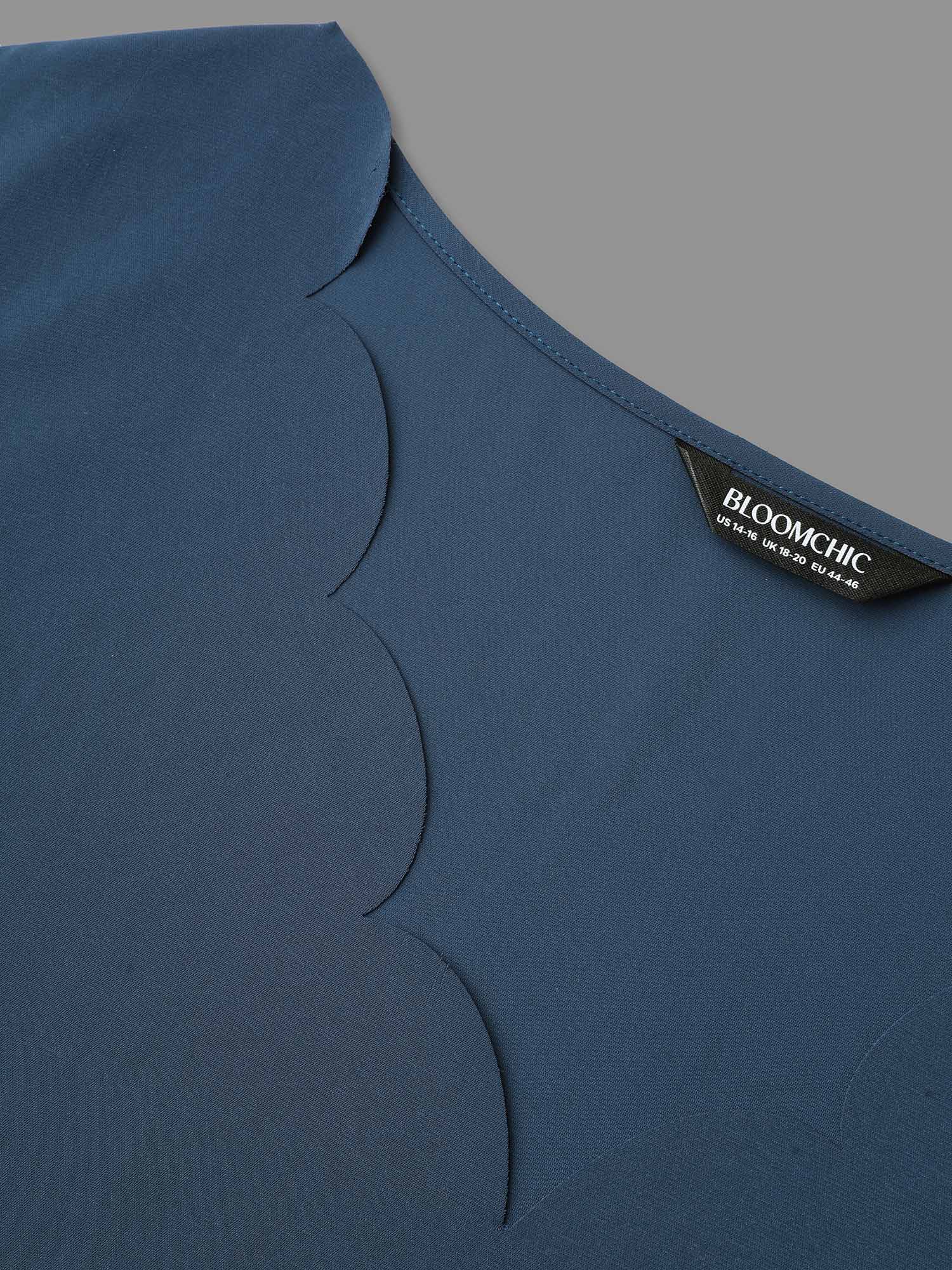 Plus Size Indigo Sheer Floral Sleeve Scalloped Neck Shirt Women Elegant Long Sleeve V-neck Everyday Blouses BloomChic 28/5X 