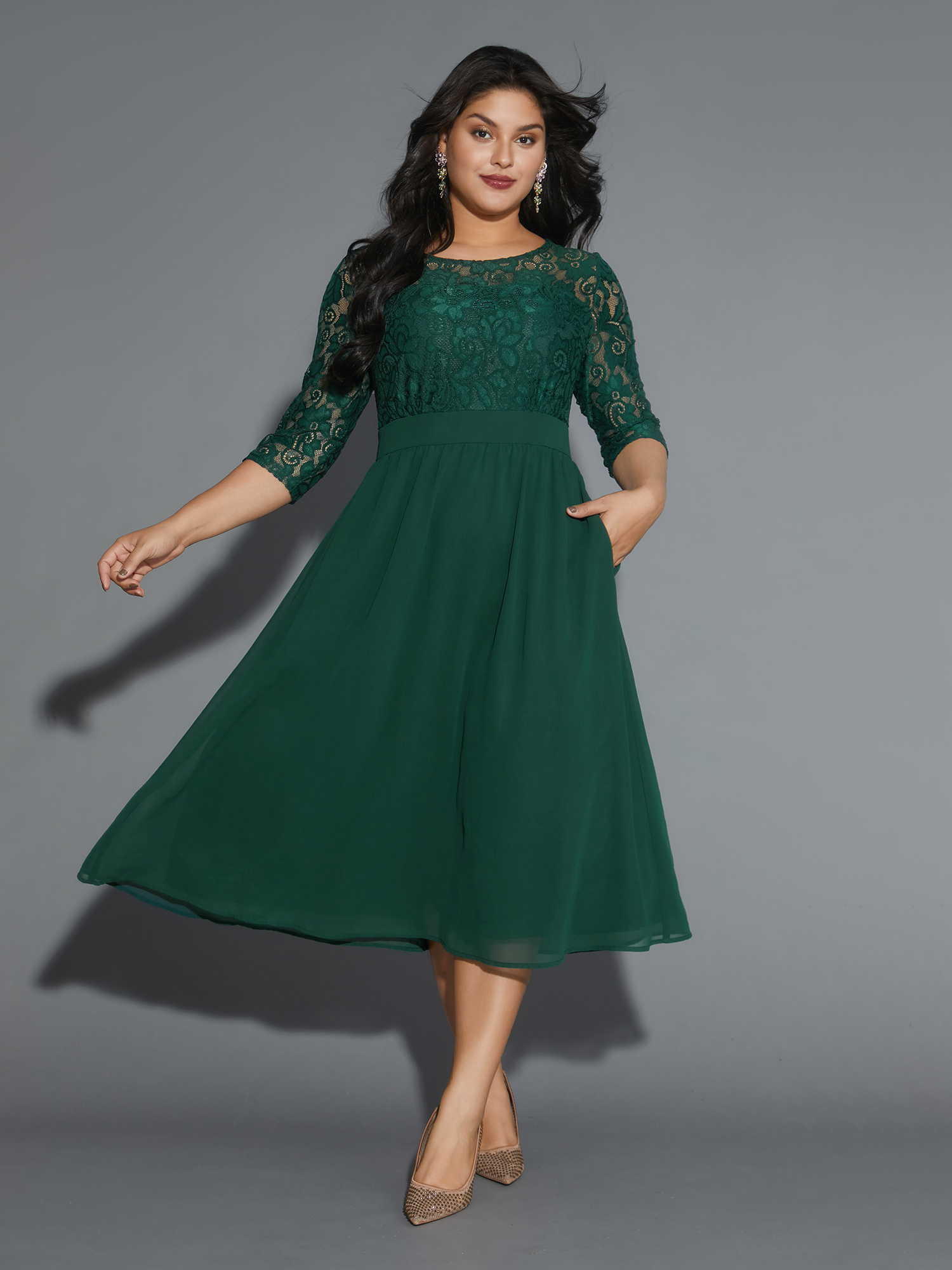 

Plus Size Lace Patchwork Shirred Midi Pocket Dress DarkGreen Women Cocktail Woven ribbon&lace trim Round Neck Elbow-length sleeve Curvy BloomChic