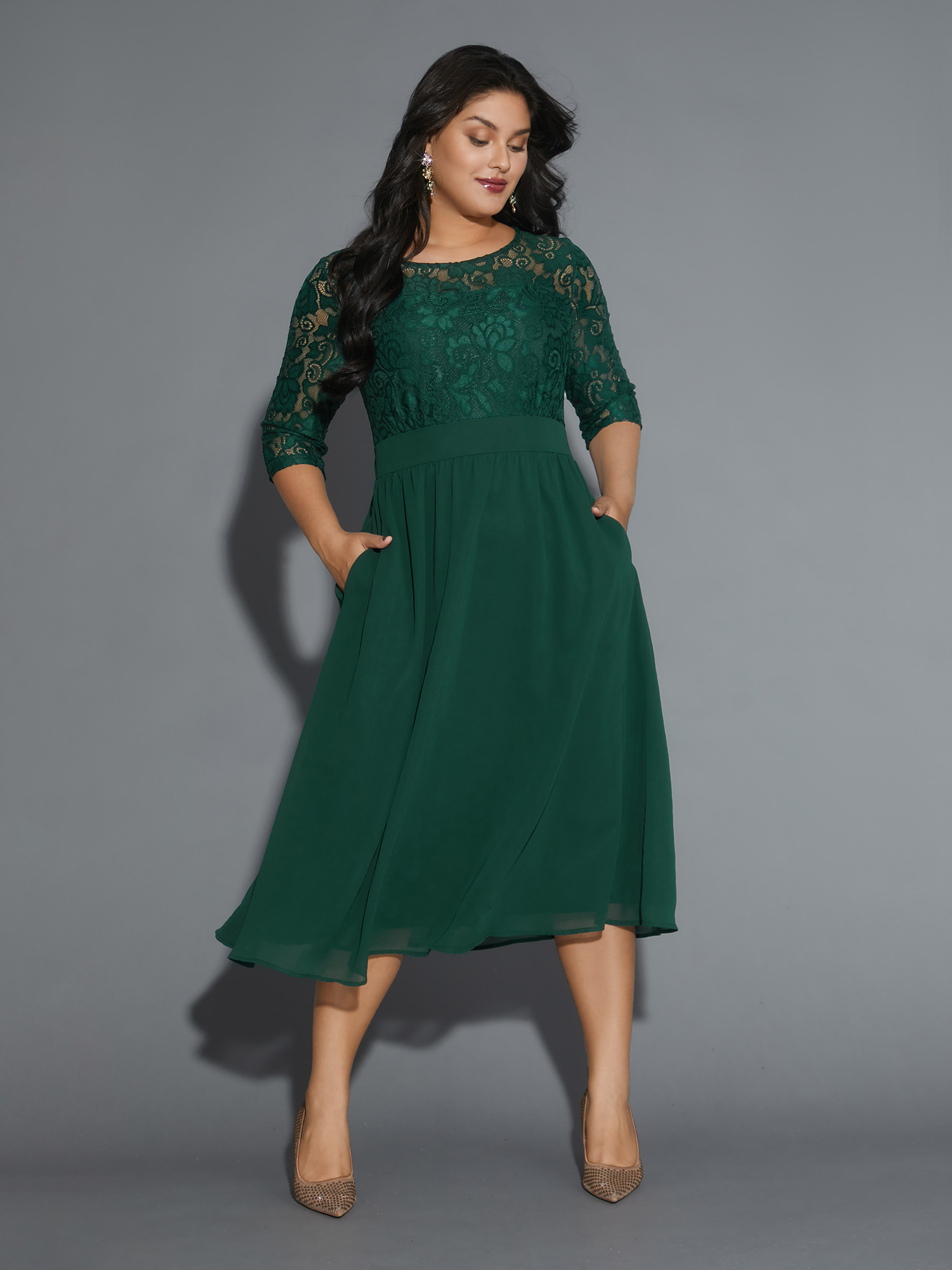 

Plus Size Lace Patchwork Shirred Midi Pocket Dress DarkGreen Women Cocktail Woven ribbon&lace trim Round Neck Elbow-length sleeve Curvy BloomChic