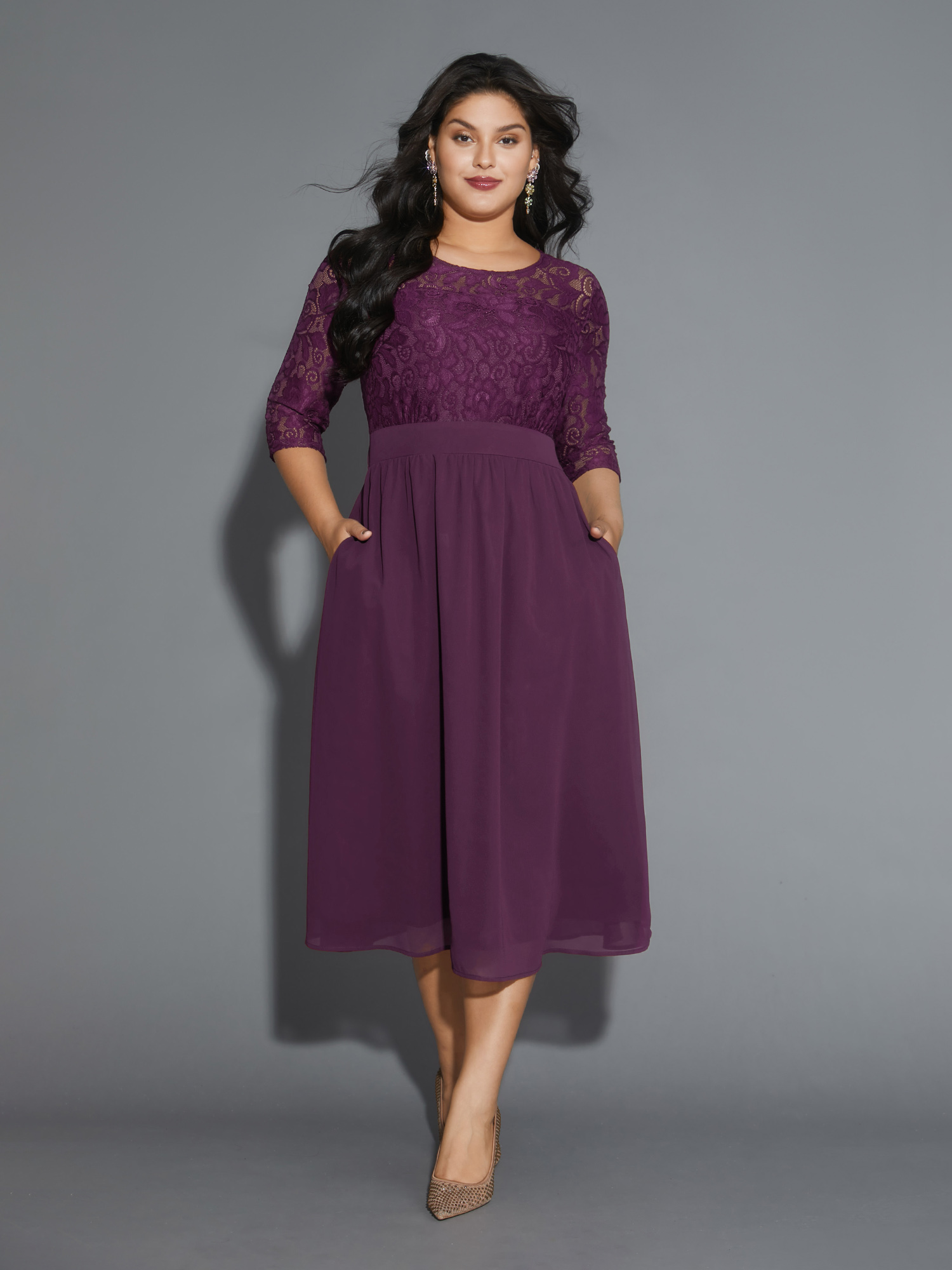 

Plus Size Lace Patchwork Shirred Midi Pocket Dress Deeppurplered Women Cocktail Woven ribbon&lace trim Round Neck Elbow-length sleeve Curvy BloomChic