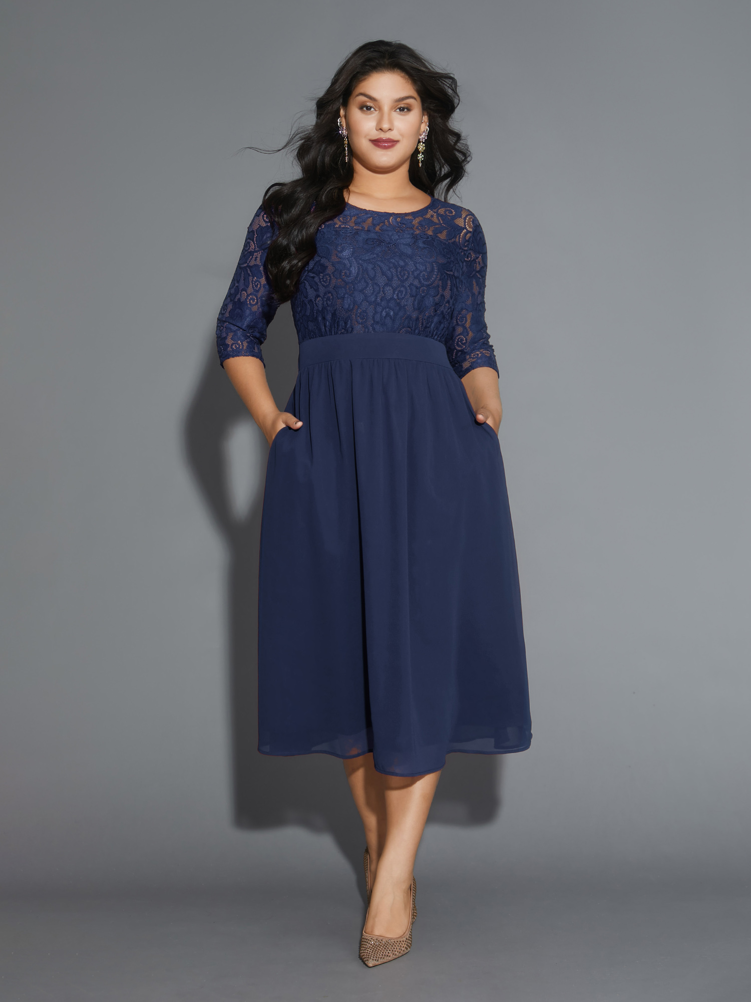 

Plus Size Lace Patchwork Shirred Midi Pocket Dress DarkBlue Women Cocktail Woven ribbon&lace trim Round Neck Elbow-length sleeve Curvy BloomChic