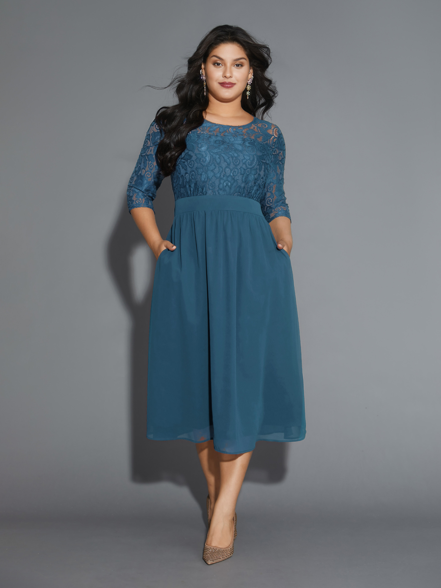 

Plus Size Lace Patchwork Shirred Midi Pocket Dress Mediumblue Women Cocktail Woven ribbon&lace trim Round Neck Elbow-length sleeve Curvy BloomChic