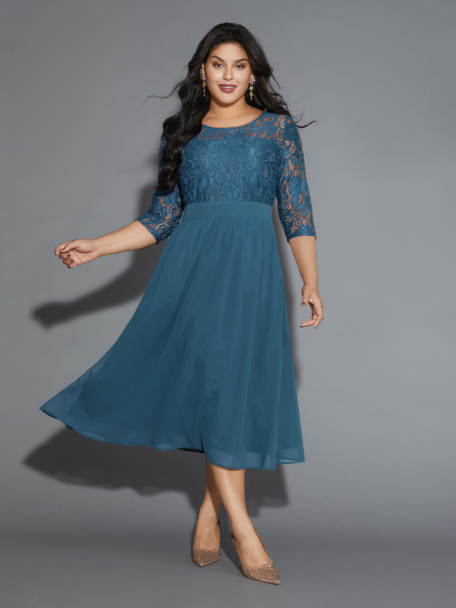 

Plus Size Lace Patchwork Shirred Midi Pocket Dress Mediumblue Women Cocktail Woven ribbon&lace trim Round Neck Elbow-length sleeve Curvy BloomChic