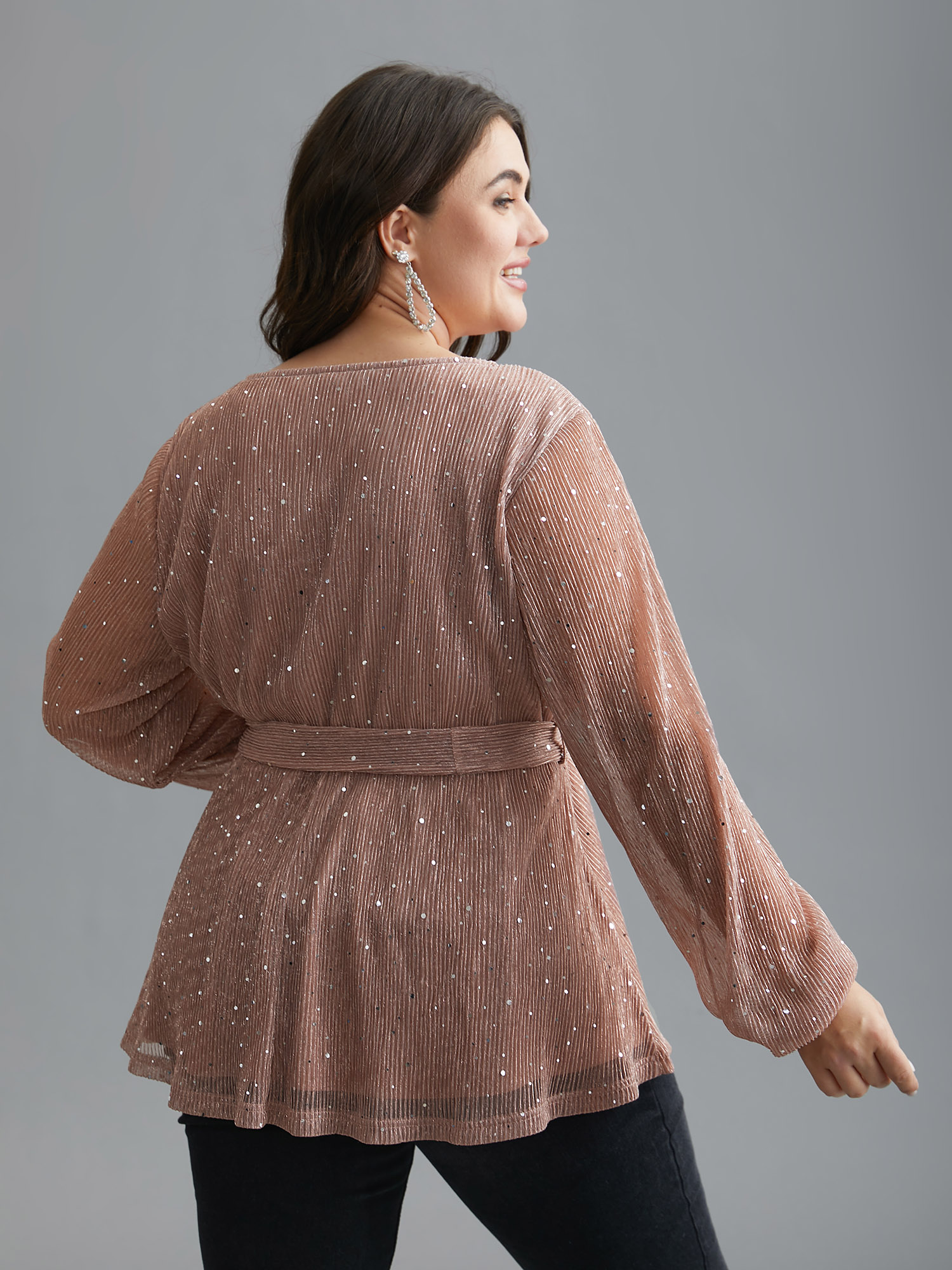 Plus Size Rouge Sequin Mesh Lantern Sleeve Wrap Belted Striped Blouse Women Cocktail Long Sleeve Overlap Collar Party Blouses BloomChic 18-20/2X 