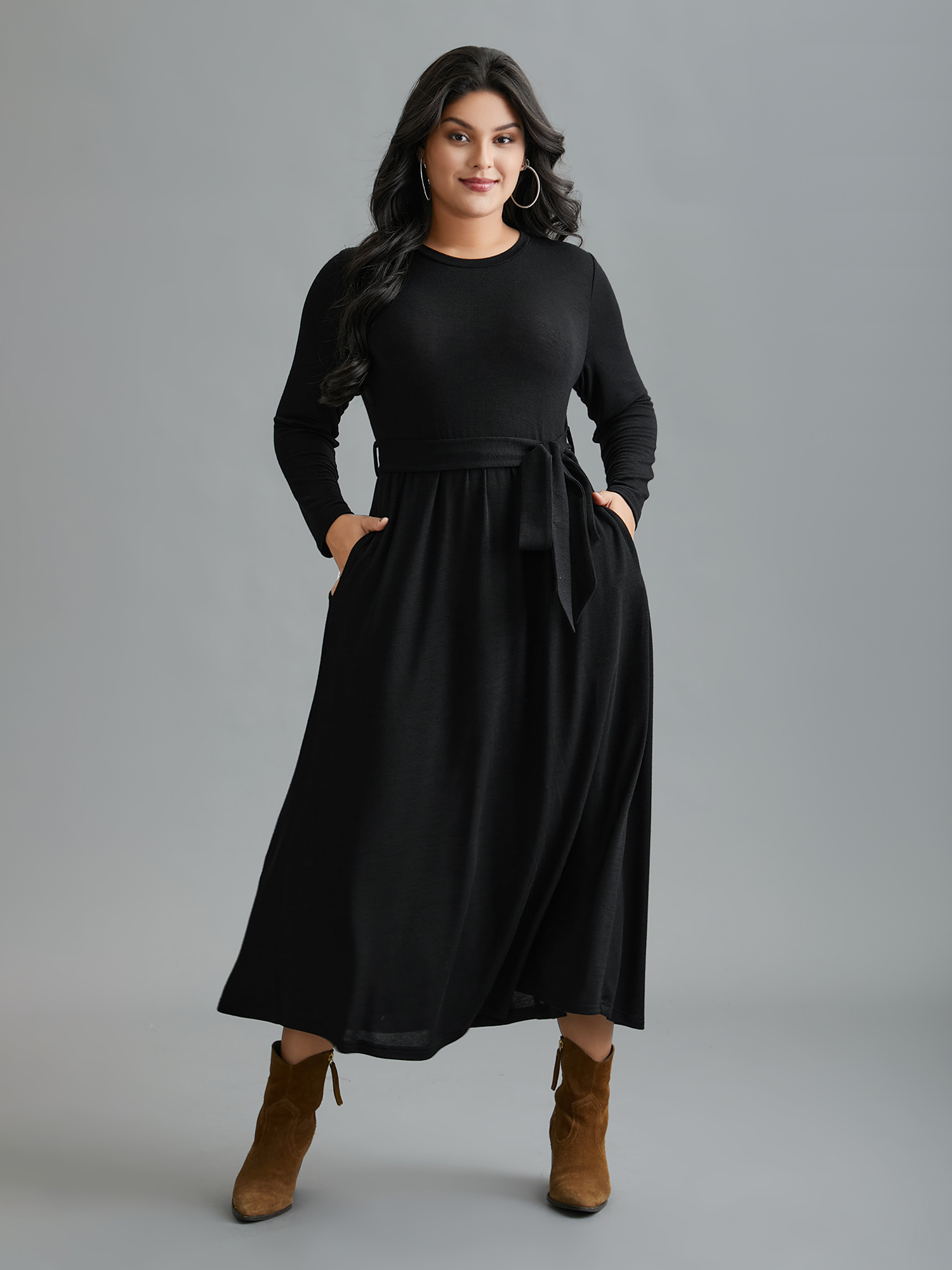 

Plus Size Round Neck Heather Belted Dress Black Women At the Office Texture Round Neck Long Sleeve Curvy BloomChic