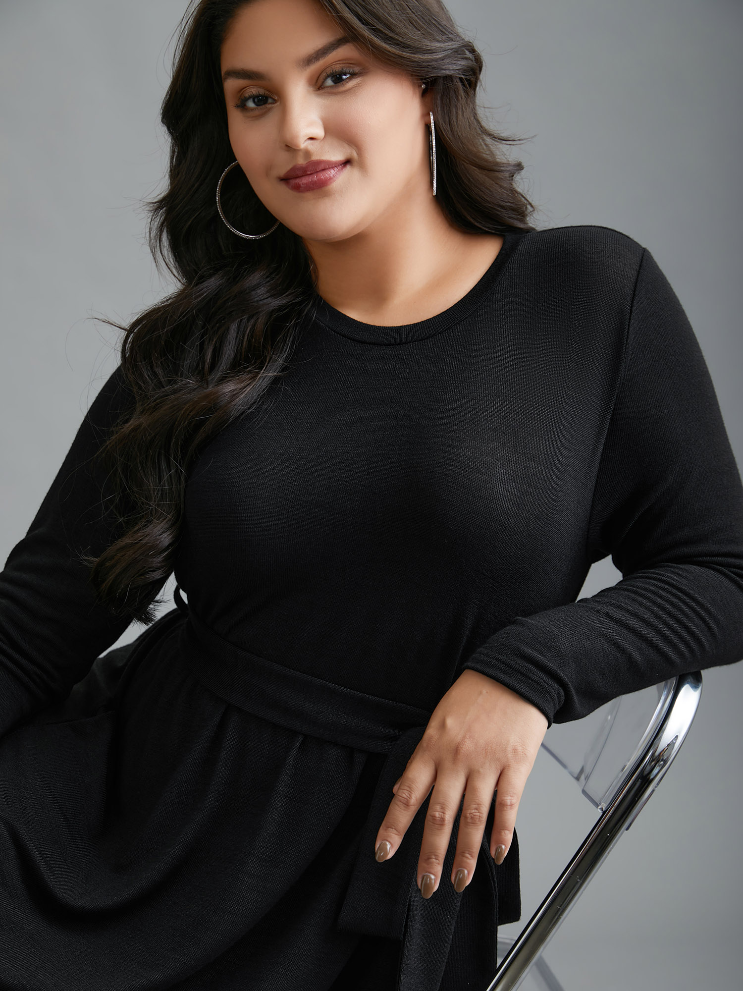 

Plus Size Round Neck Heather Belted Dress Black Women At the Office Texture Round Neck Long Sleeve Curvy BloomChic