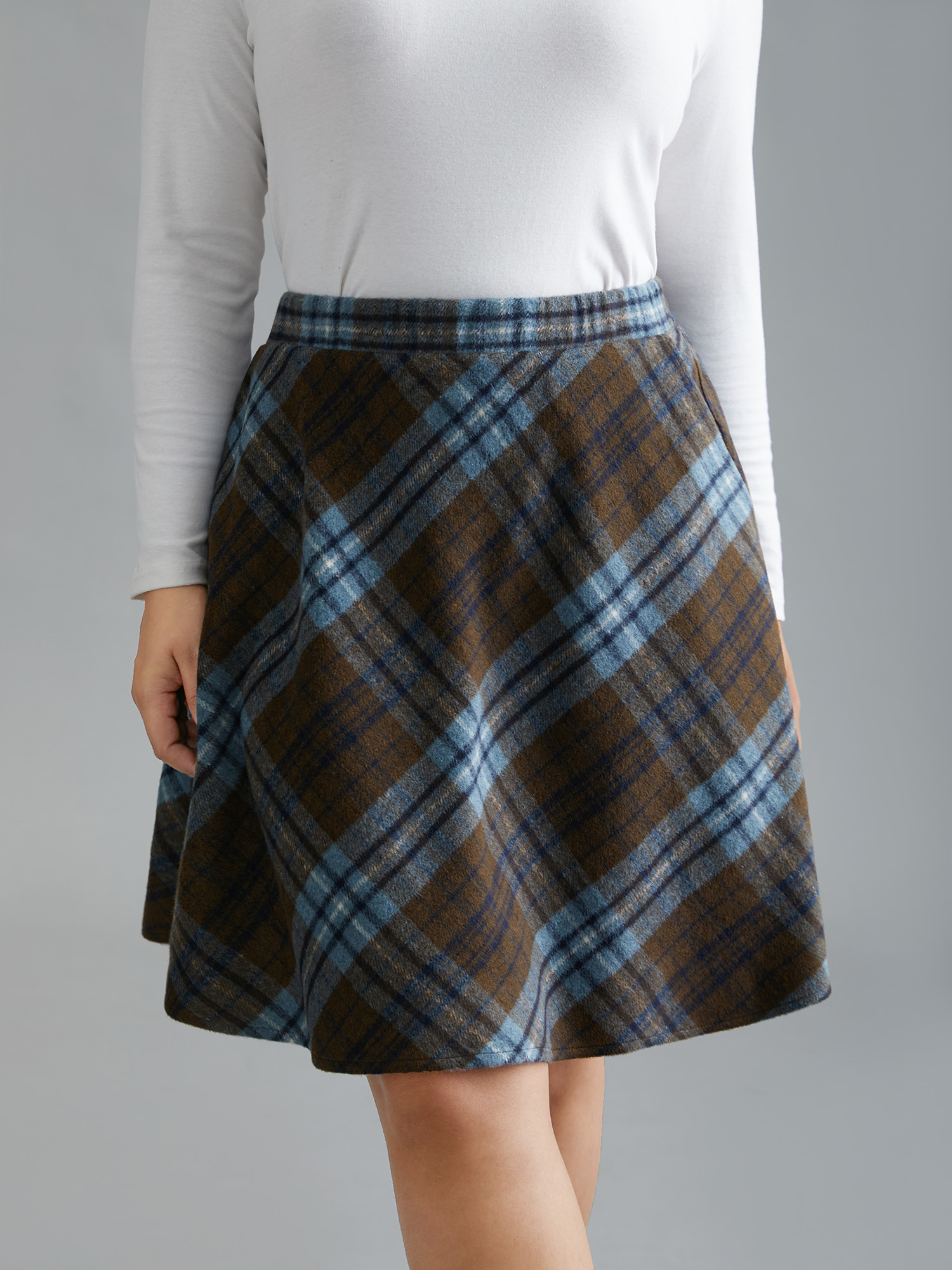 

Plus Size Plaid Pattern Elastic Waist A-line Mini Skirt Women Stone Elegant Low stretch Slanted pocket Everyday Skirts BloomChic