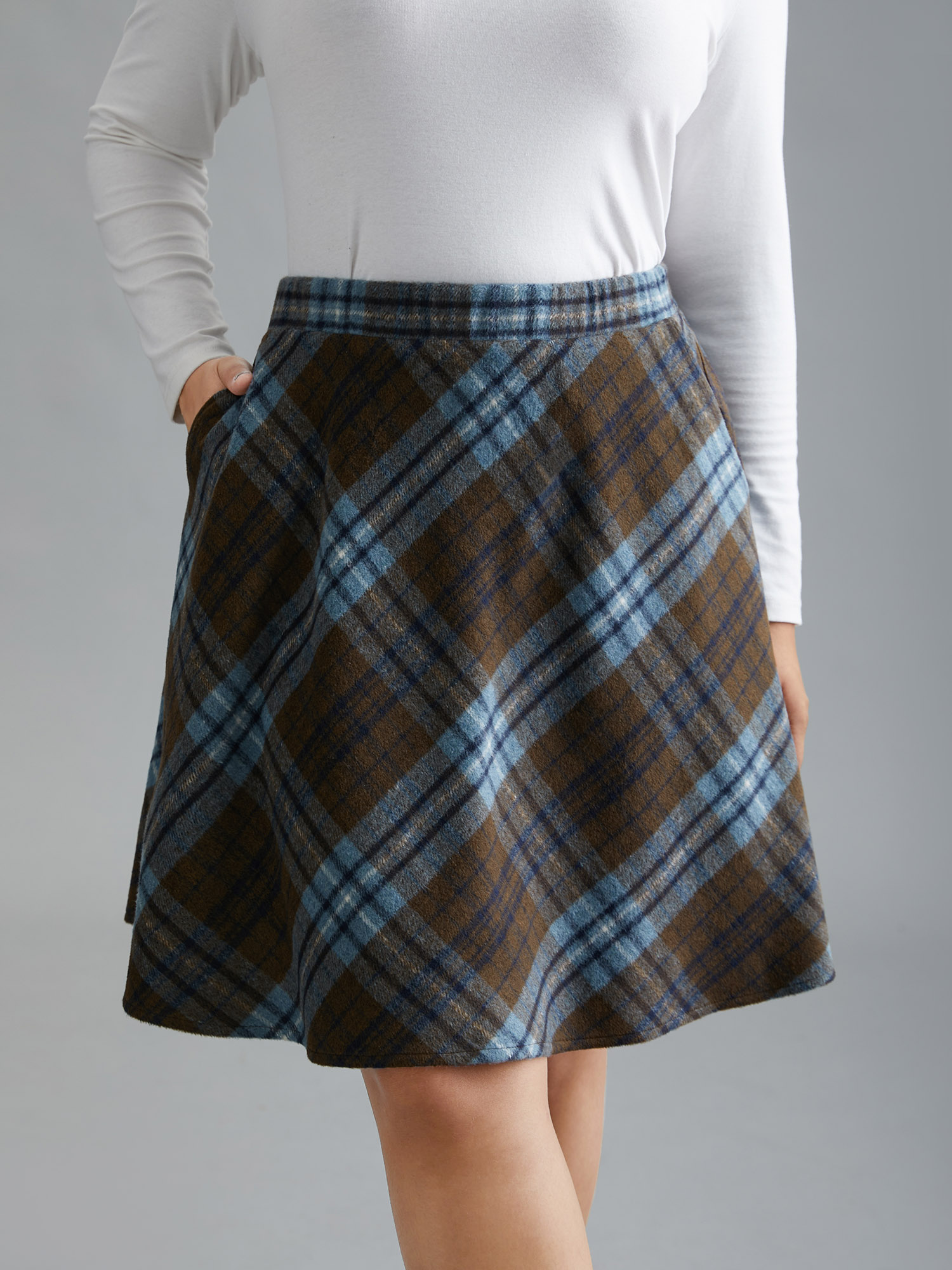 Plus Size Plaid Pattern Elastic Waist A-line Mini Skirt Women Stone Elegant Low stretch Slanted pocket Everyday Skirts BloomChic 18-20/2X 