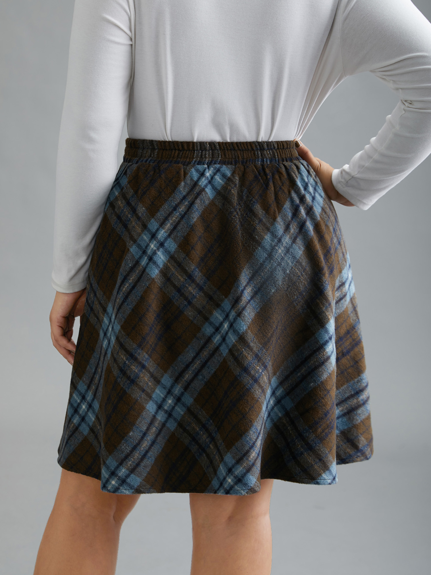 

Plus Size Plaid Pattern Elastic Waist A-line Mini Skirt Women Stone Elegant Low stretch Slanted pocket Everyday Skirts BloomChic