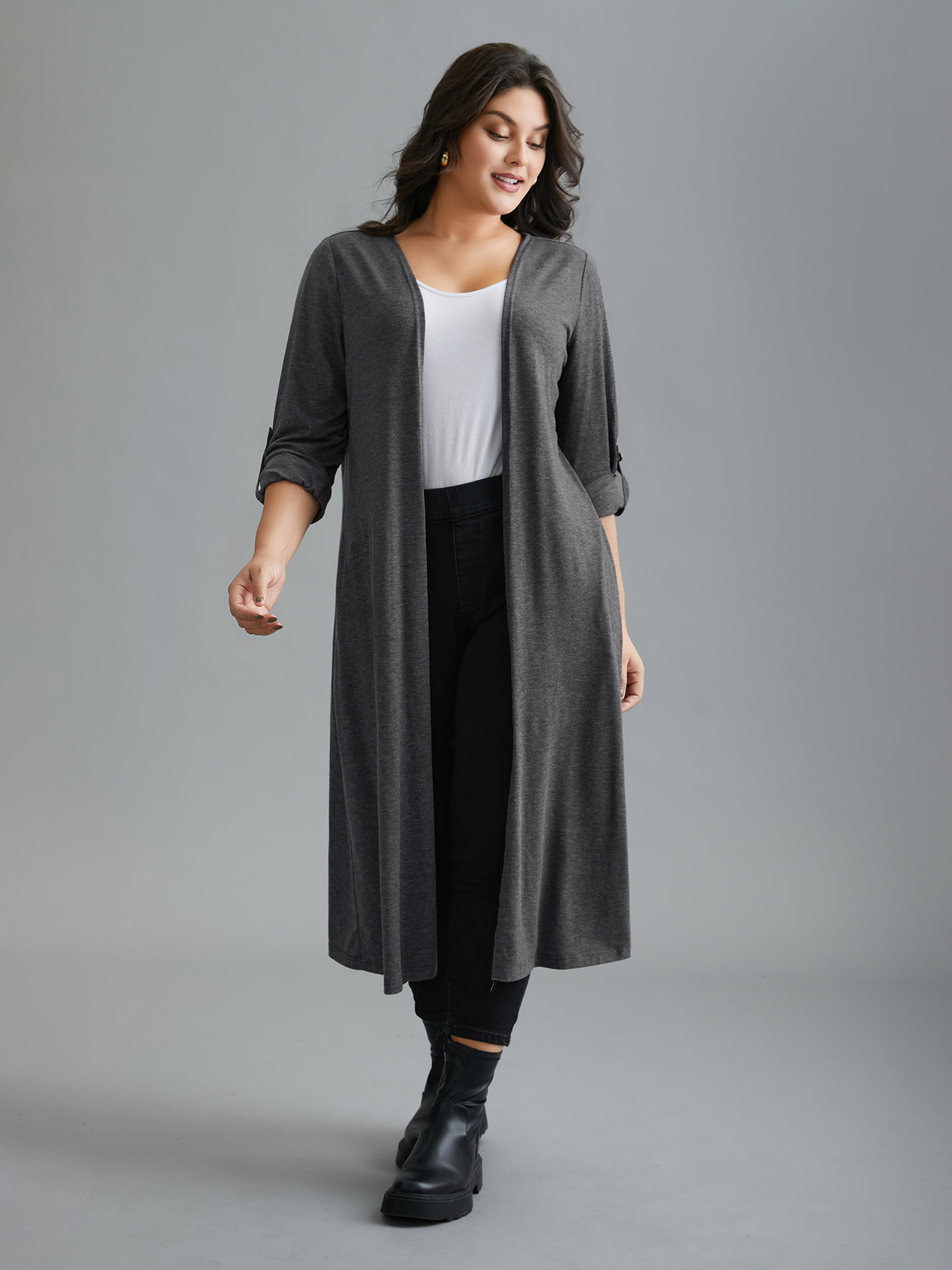 

Plus Size Solid Tab Sleeve Pocket Kimono Women DimGray Casual Button Loose Side seam pocket Everyday Kimonos BloomChic