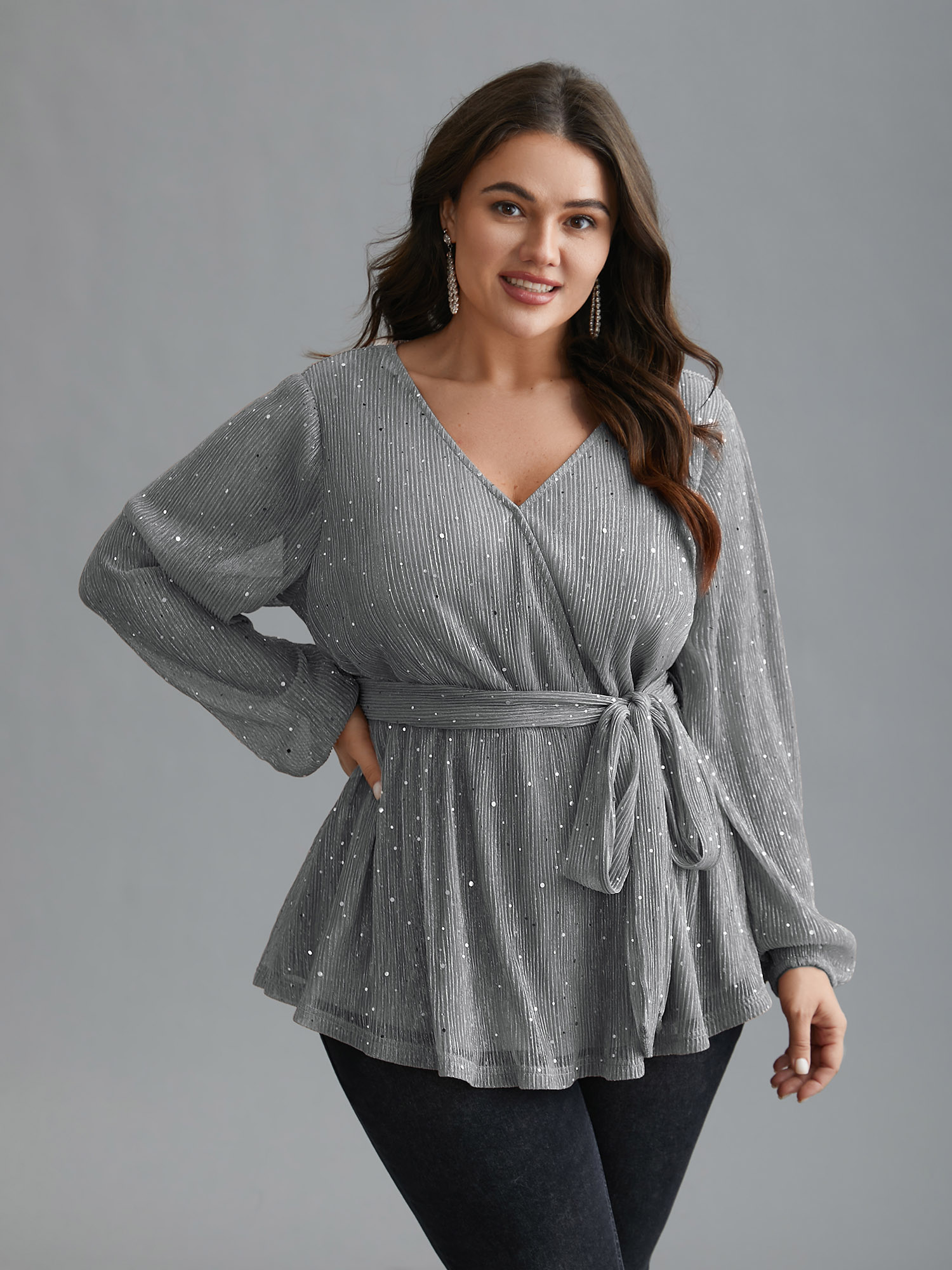 

Plus Size LightGray Sequin Mesh Lantern Sleeve Wrap Belted Striped Blouse Women Cocktail Long Sleeve Overlap Collar Party Blouses BloomChic