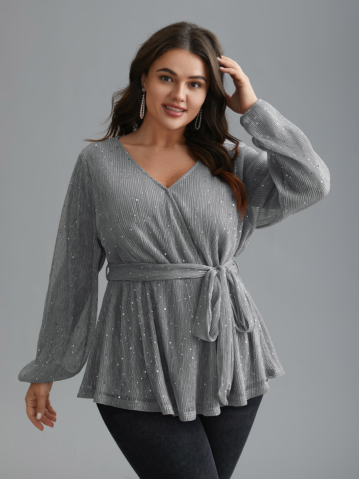 

Plus Size LightGray Sequin Mesh Lantern Sleeve Wrap Belted Striped Blouse Women Cocktail Long Sleeve Overlap Collar Party Blouses BloomChic