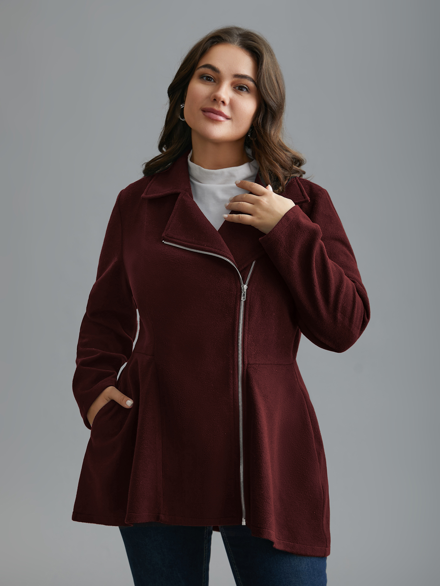 

Plus Size Curved Hem Zipper Placket Pockets Coat Women Burgundy Elegant Non Bodycon Ladies Everyday Winter Coats BloomChic