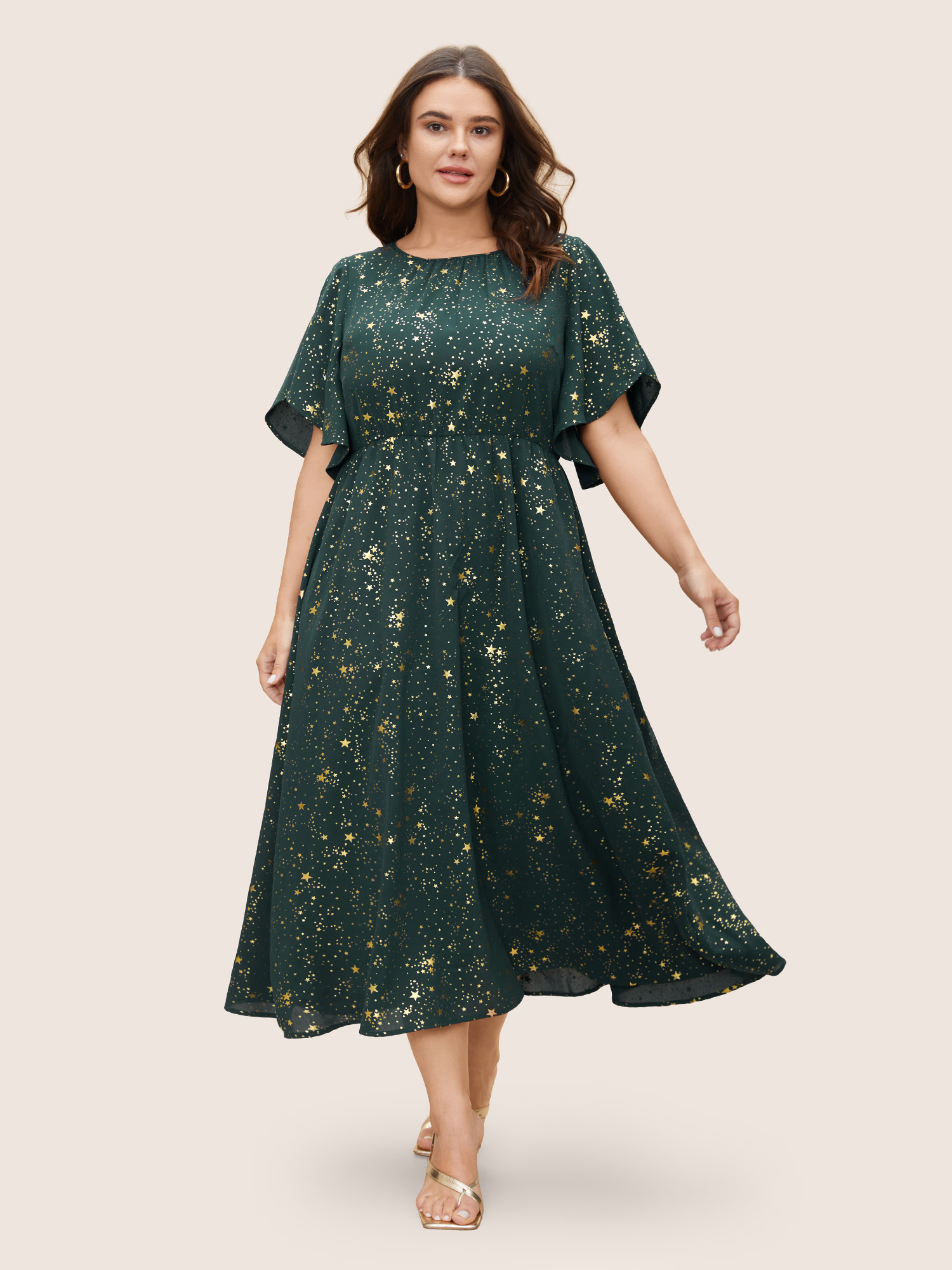 

Plus Size Glitter Star Split Sleeve Midi Dress Cyan Women Elegant Gathered Round Neck Short sleeve Curvy BloomChic