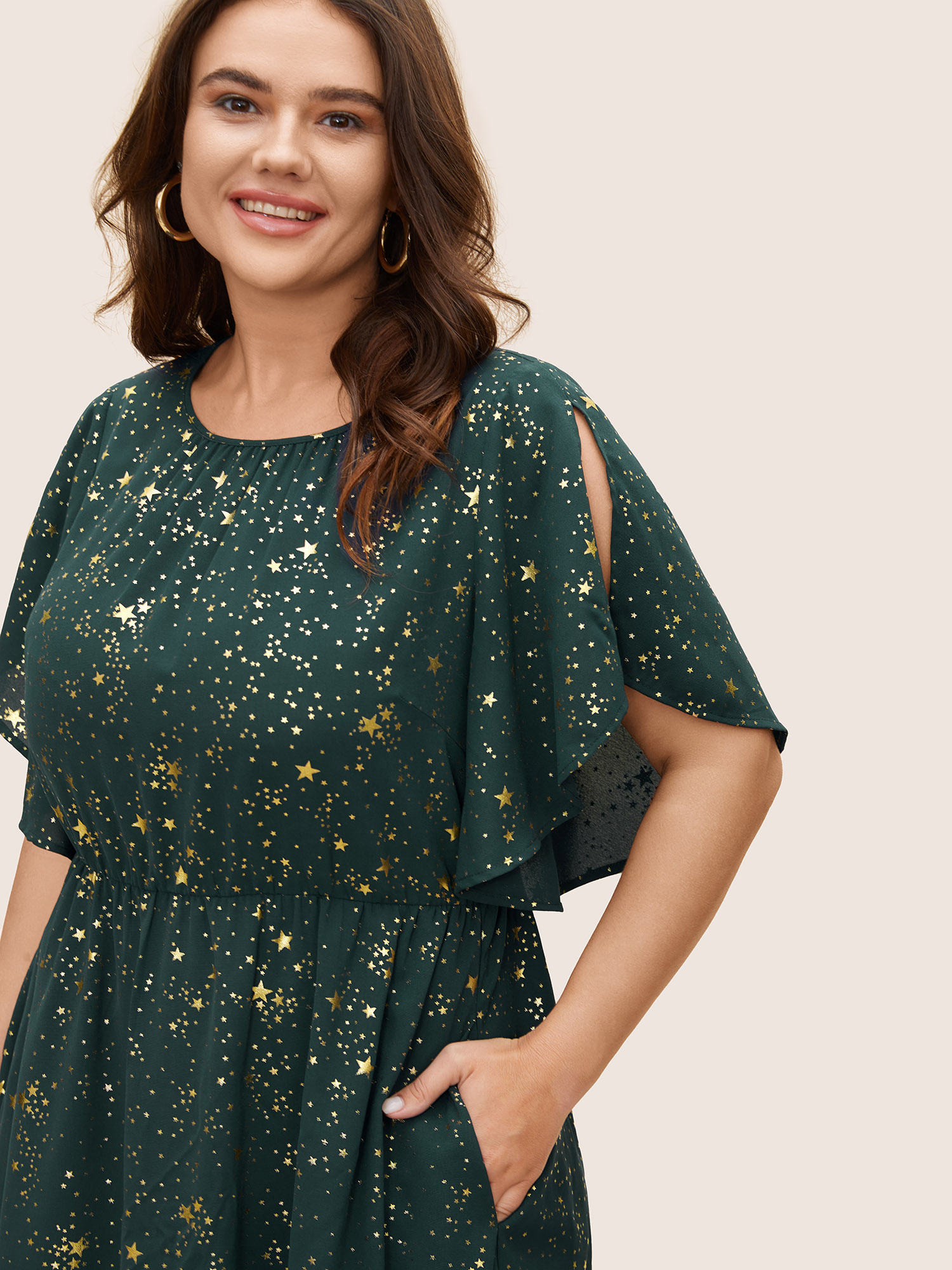 

Plus Size Glitter Star Split Sleeve Midi Dress Cyan Women Elegant Gathered Round Neck Short sleeve Curvy BloomChic