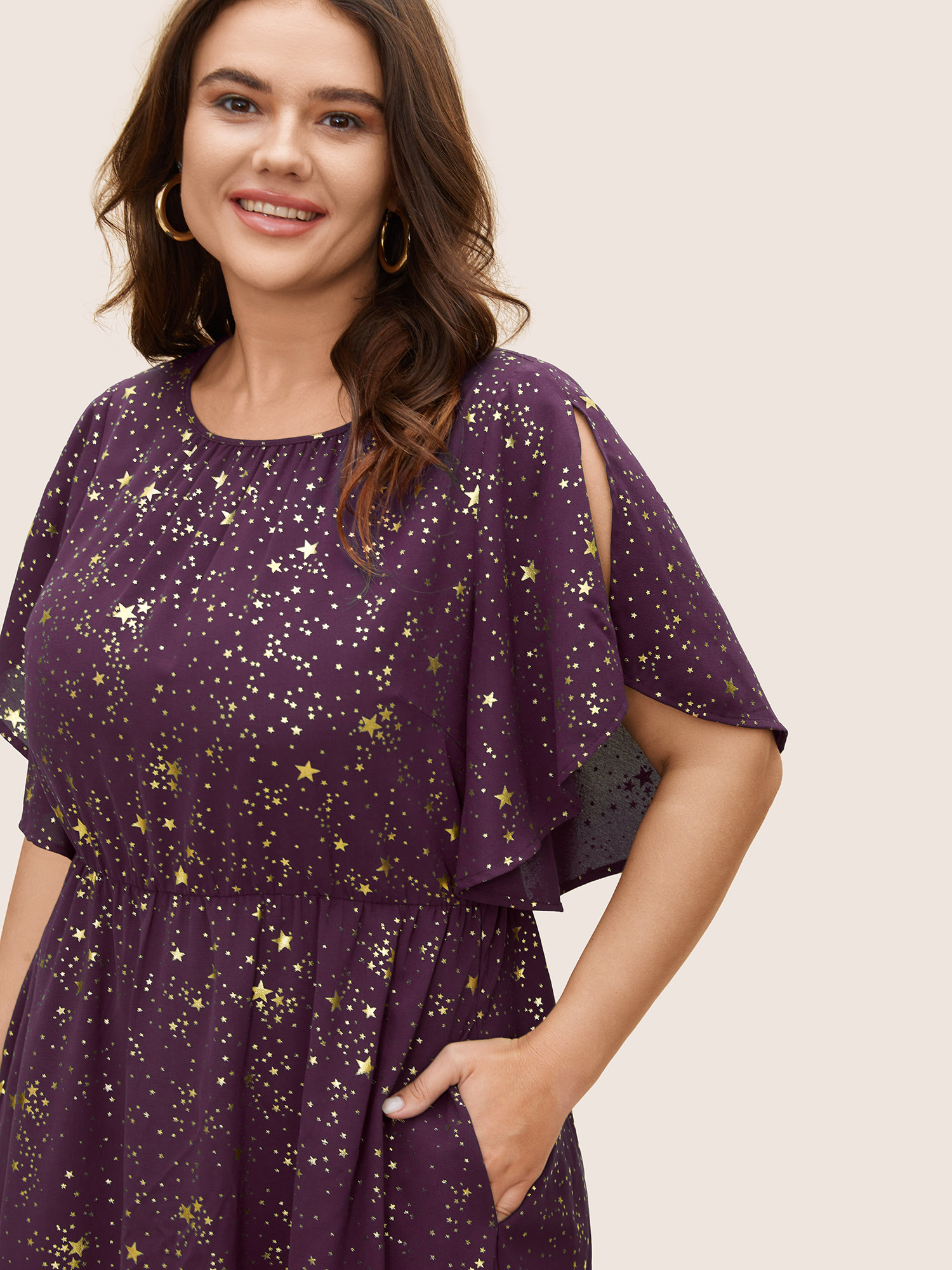 

Plus Size Glitter Star Split Sleeve Midi Dress Mauve Women Elegant Gathered Round Neck Short sleeve Curvy BloomChic